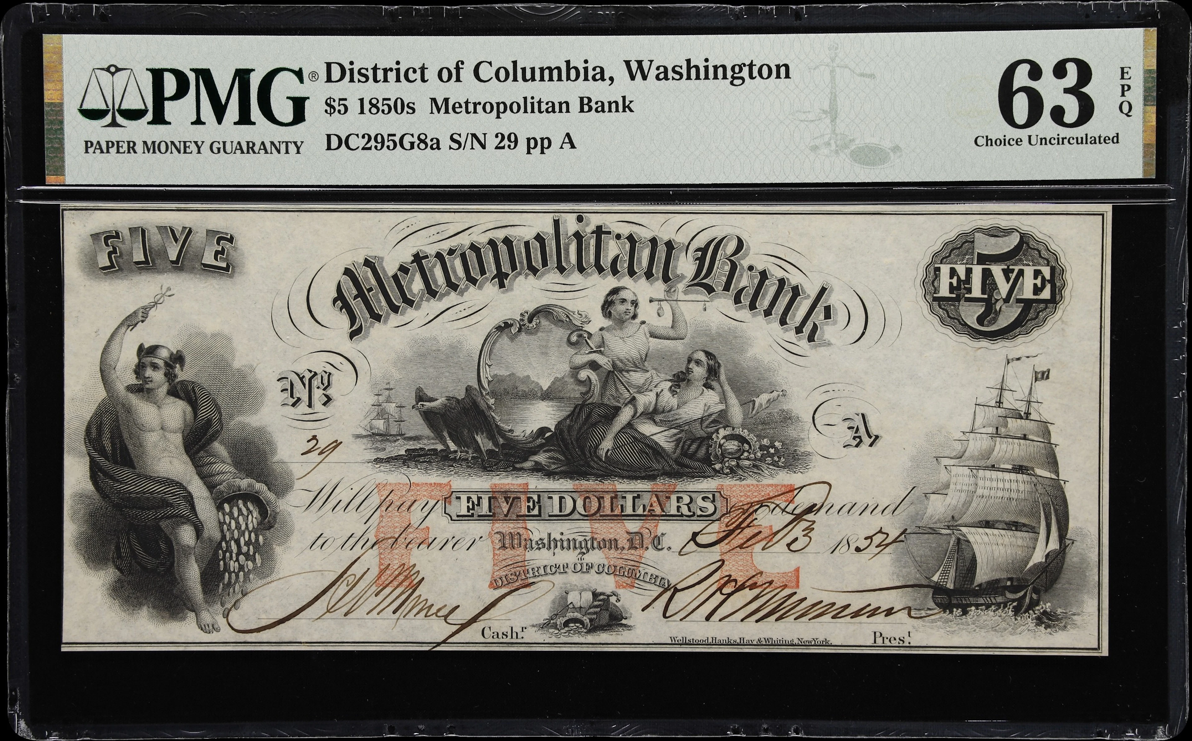 Washington, District of Columbia. Metropolitan Bank. 1854 $5. PMG
