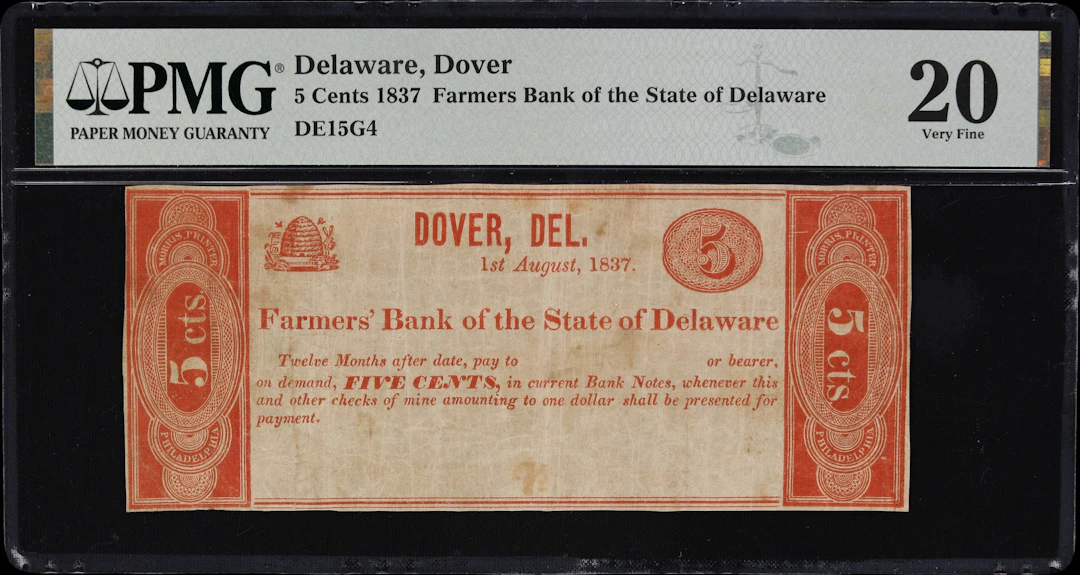 Dover, Delaware. Farmers Bank of the State of Delaware. 1837 5 Cents.