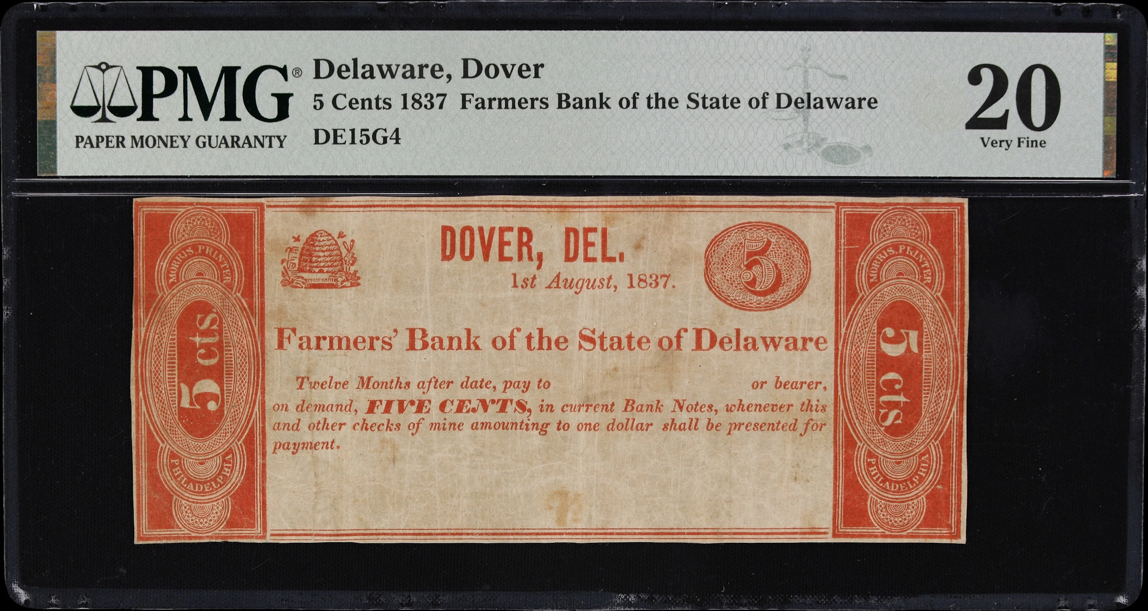 Dover, Delaware. Farmers Bank of the State of Delaware. 1837 5 Cents.