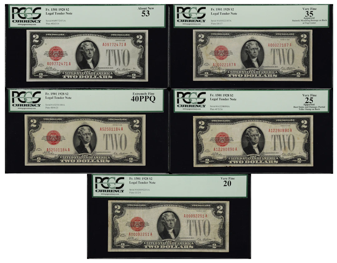 Lot of (5) Fr. 1501. 1928 $2 Legal Tender Notes. PCGS Currency Very