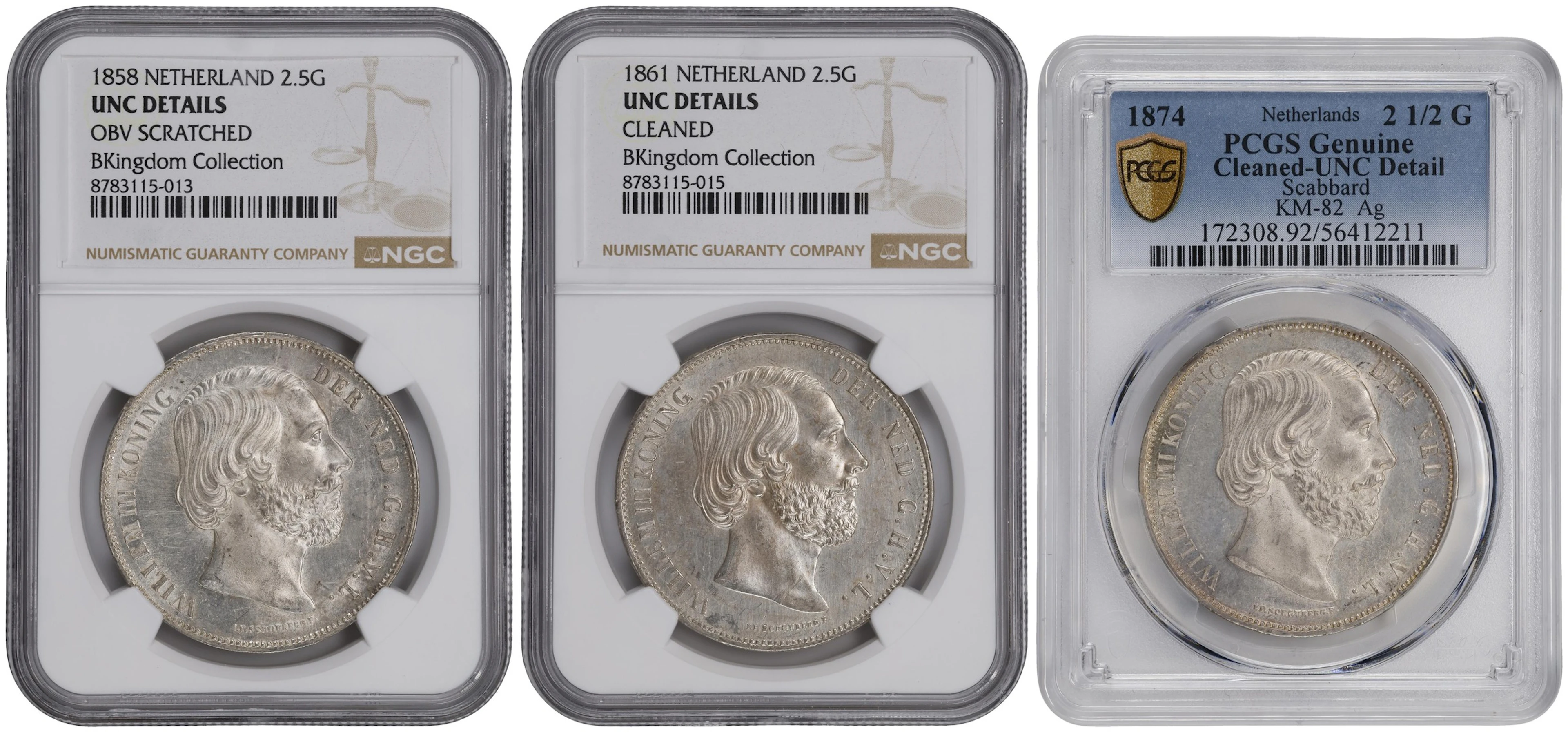 NETHERLANDS. Trio of 2-1/2 Gulden (3 Pieces), 1858-74. Utrecht Mint.