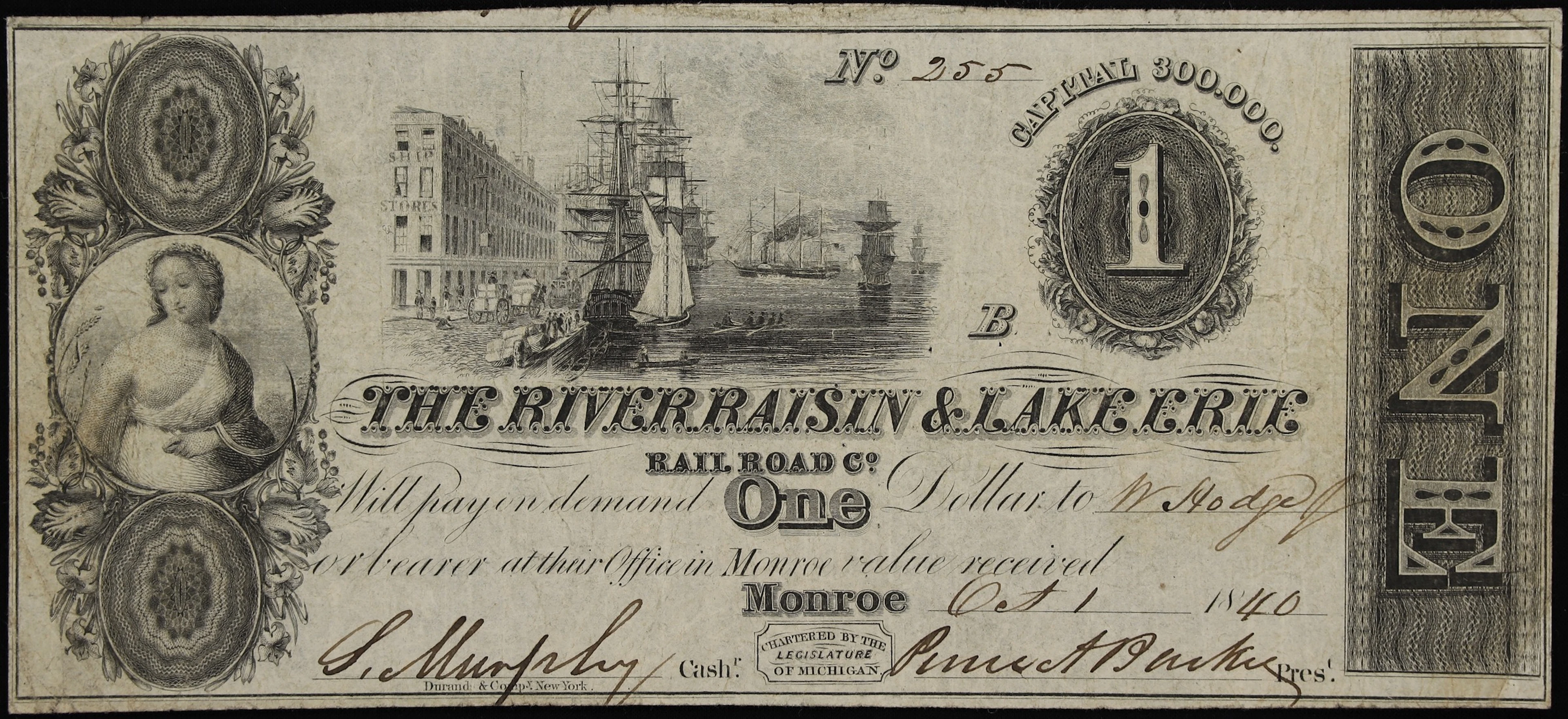 Monroe, Michigan. River Raisin & Lake Erie Rail Road Company. 1840 $1. Fine.