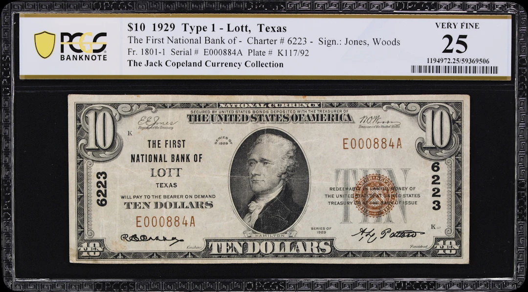 Lott, Texas. $10 1929 Ty. 1. Fr. 1801-1. First NB. Charter #6223.