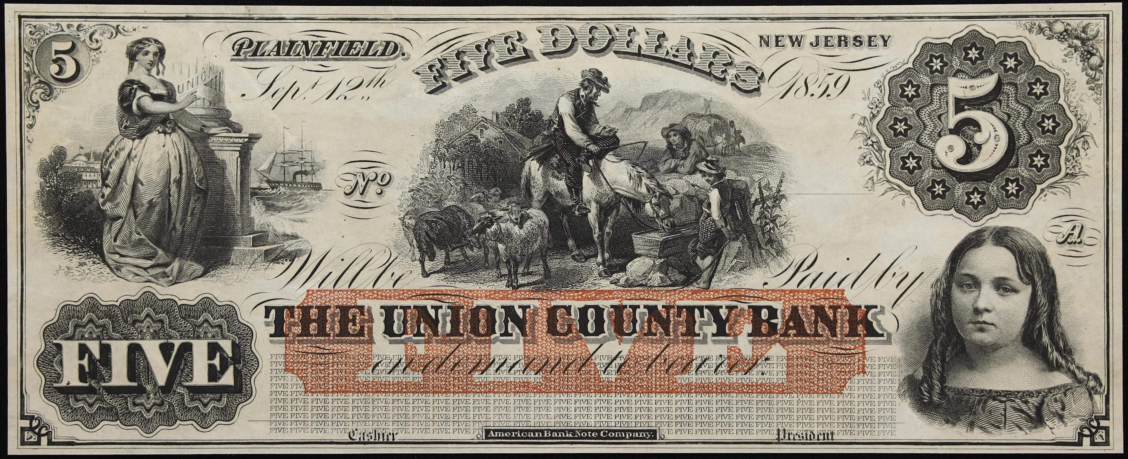 Plainfield, New Jersey. Union County Bank. 1859 $5. About Uncirculated.