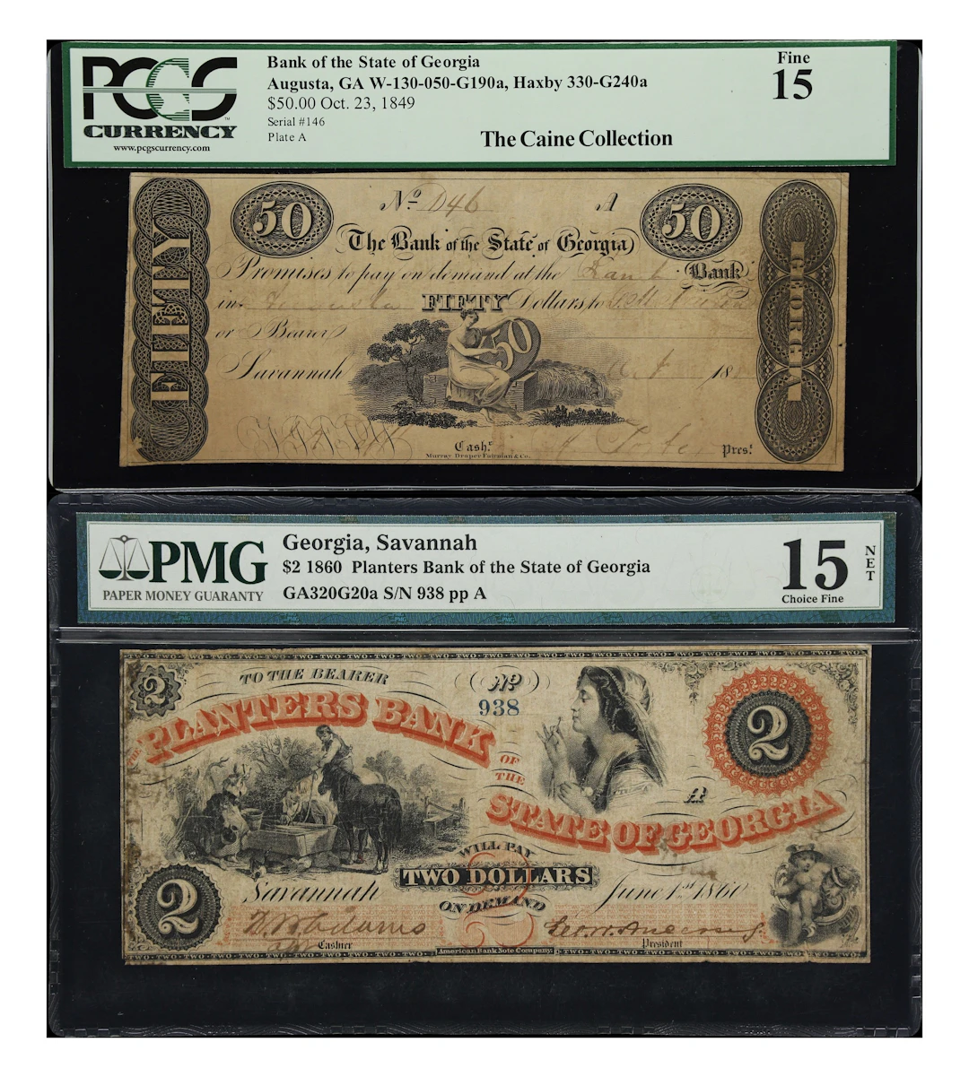 Lot of (2) Augusta & Savannah, Georgia. Mixed Issuers. 1849-60 $2