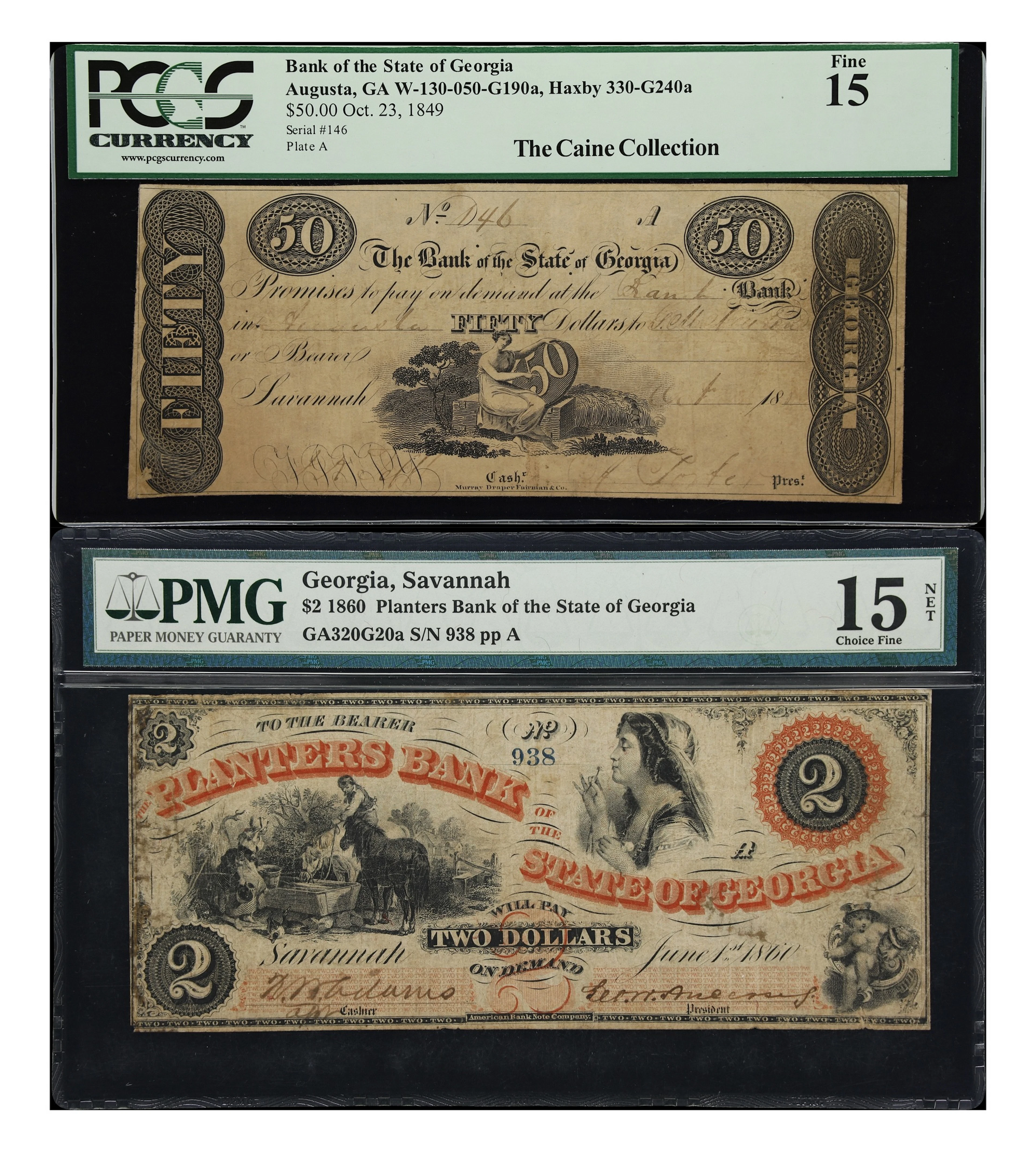 Lot of (2) Augusta & Savannah, Georgia. Mixed Issuers. 1849-60 $2