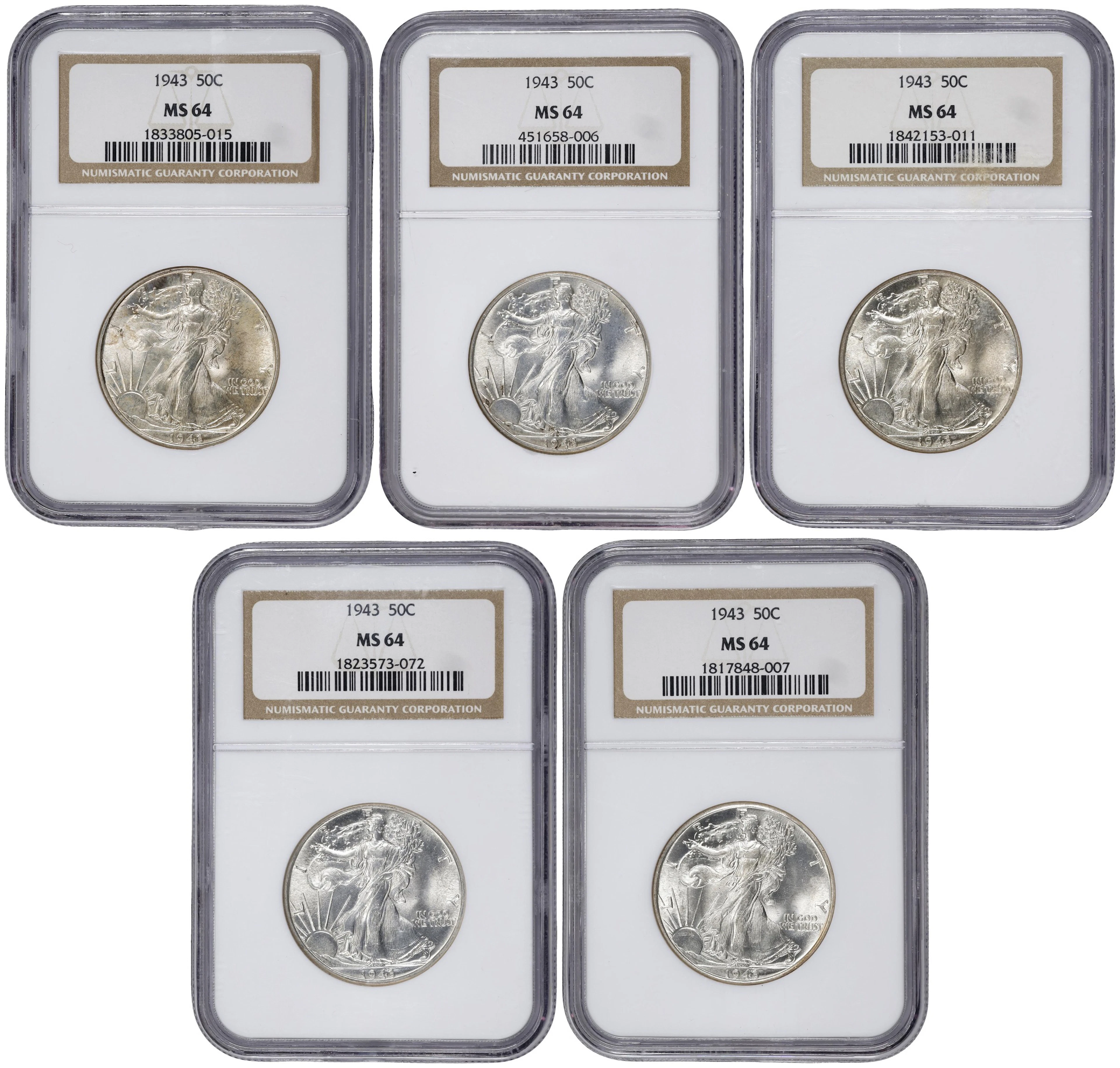 Lot of (5) 1943 Walking Liberty Half Dollars. MS-64 (NGC).