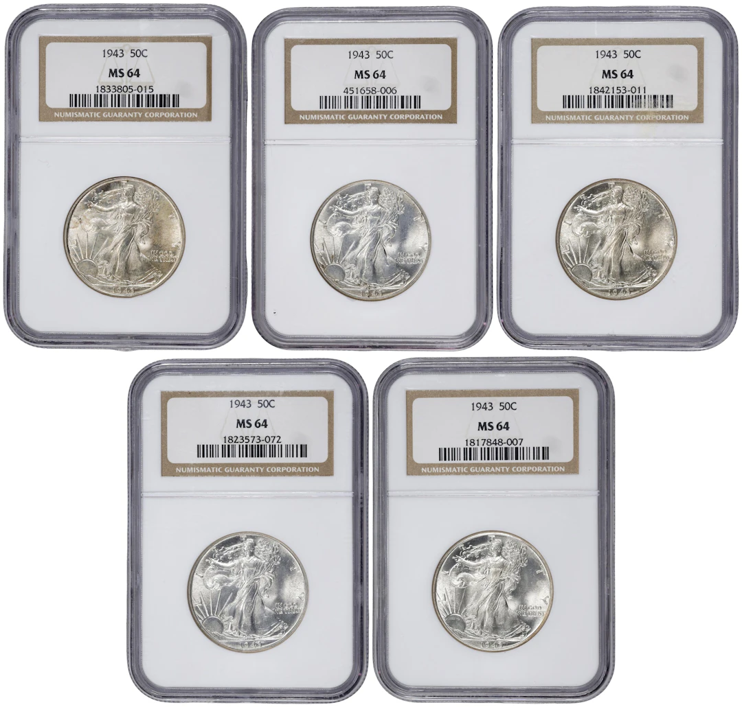 Lot of (5) 1943 Walking Liberty Half Dollars. MS-64 (NGC).
