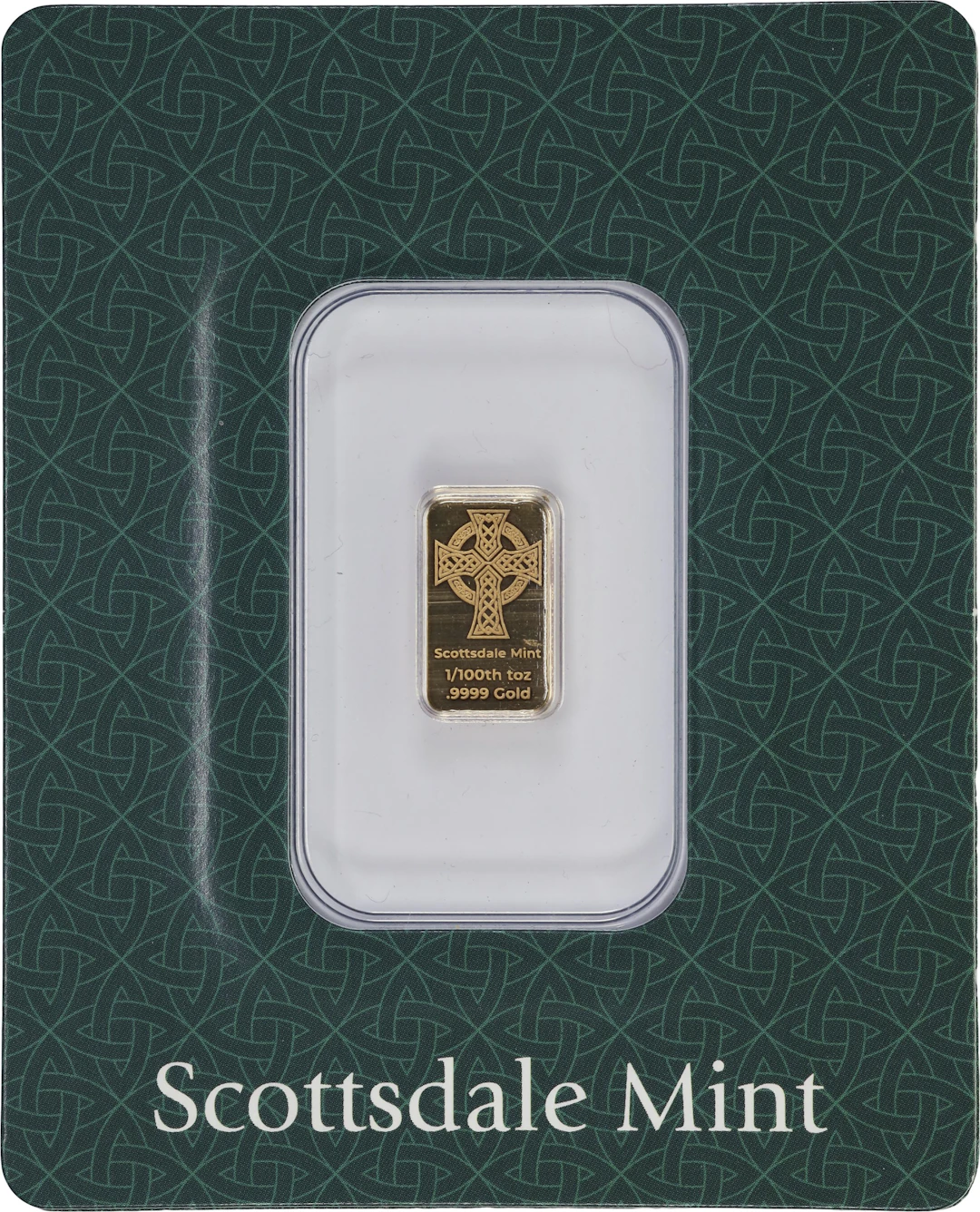 (0.01 oz, 0.311 g AGW). Scottsdale Mint 1/100 oz Gold Bar.