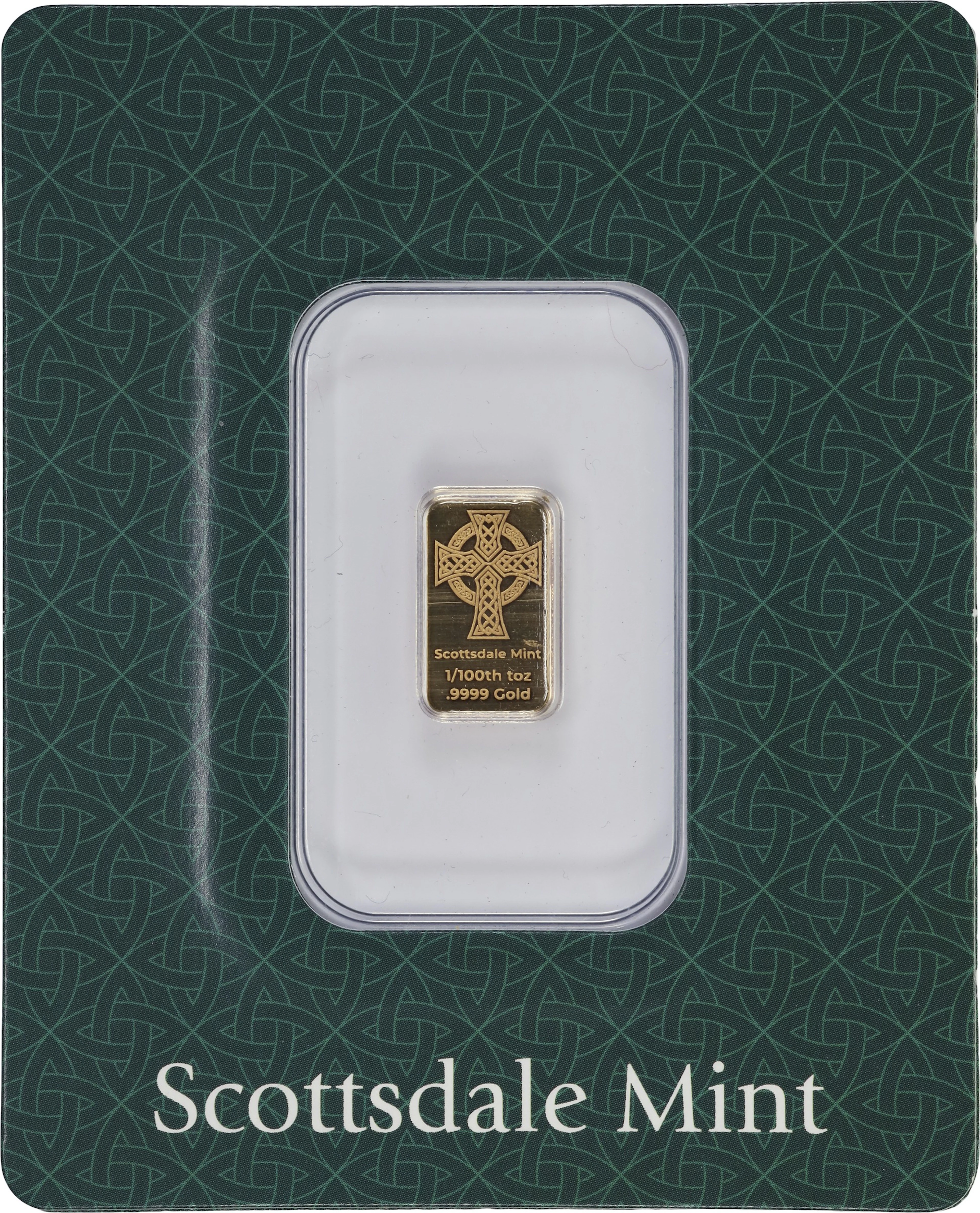 (0.01 oz, 0.311 g AGW). Scottsdale Mint 1/100 oz Gold Bar.