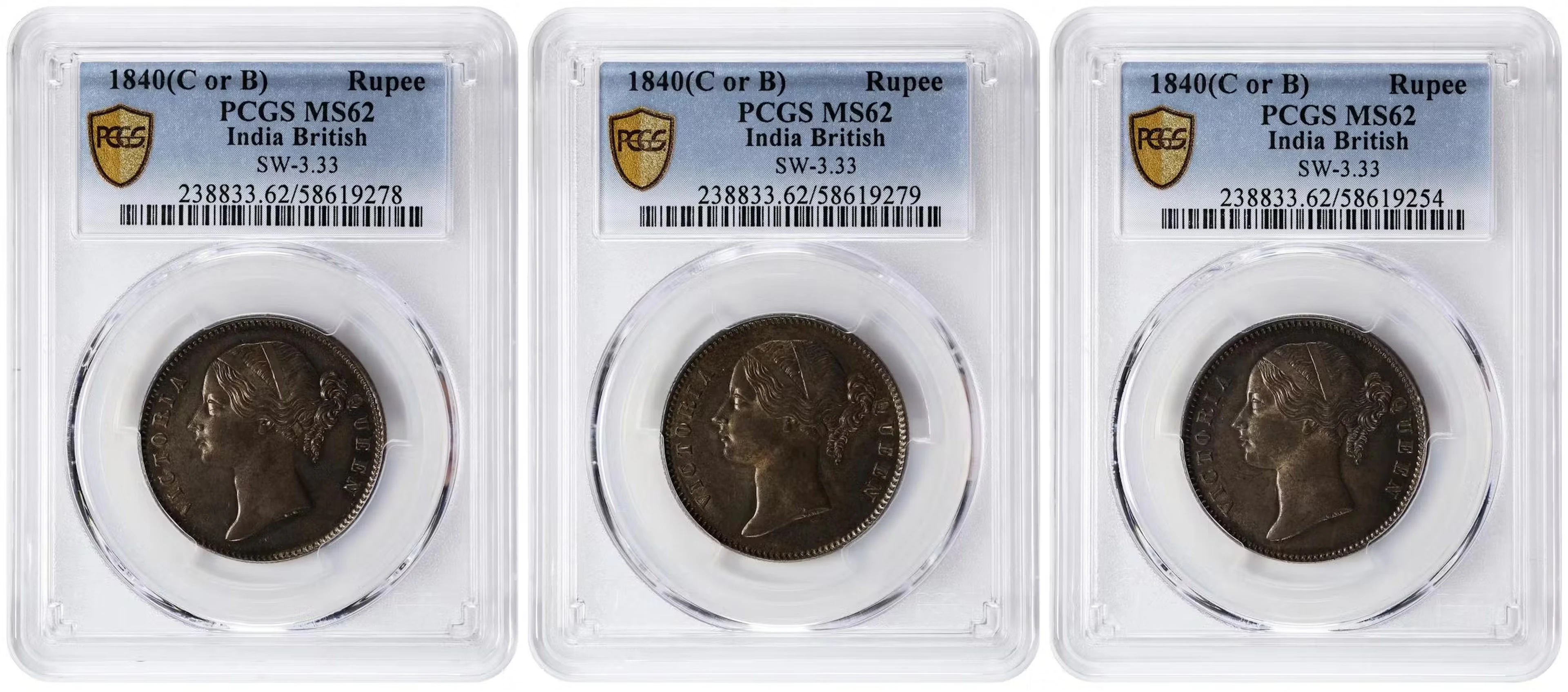 INDIA. Trio of Rupees (3 Pieces), 1840-(B or C). Bombay or Calcutta
