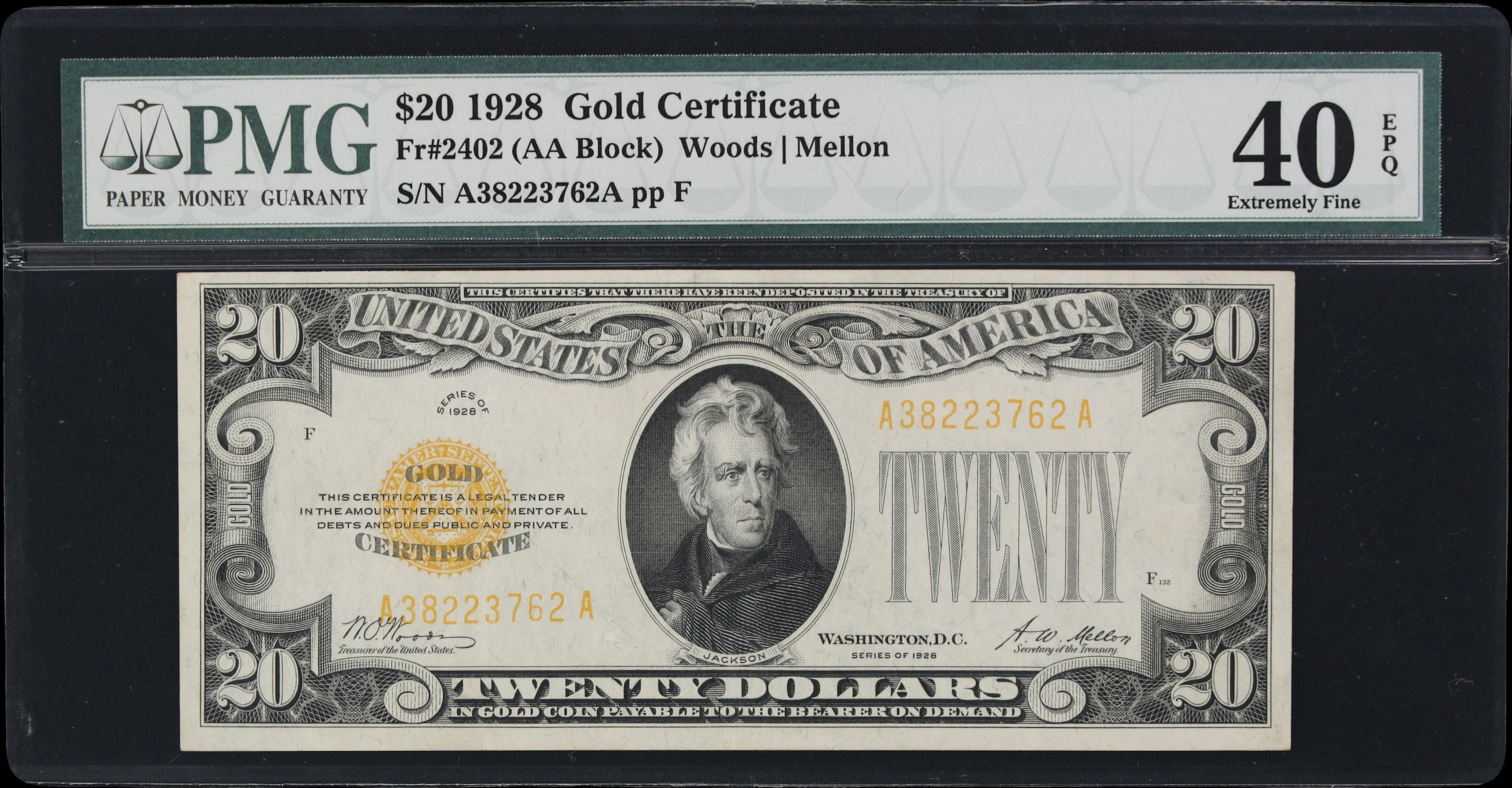 Fr. 2402. 1928 $20 Gold Certificate. PMG Extremely Fine 40 EPQ.