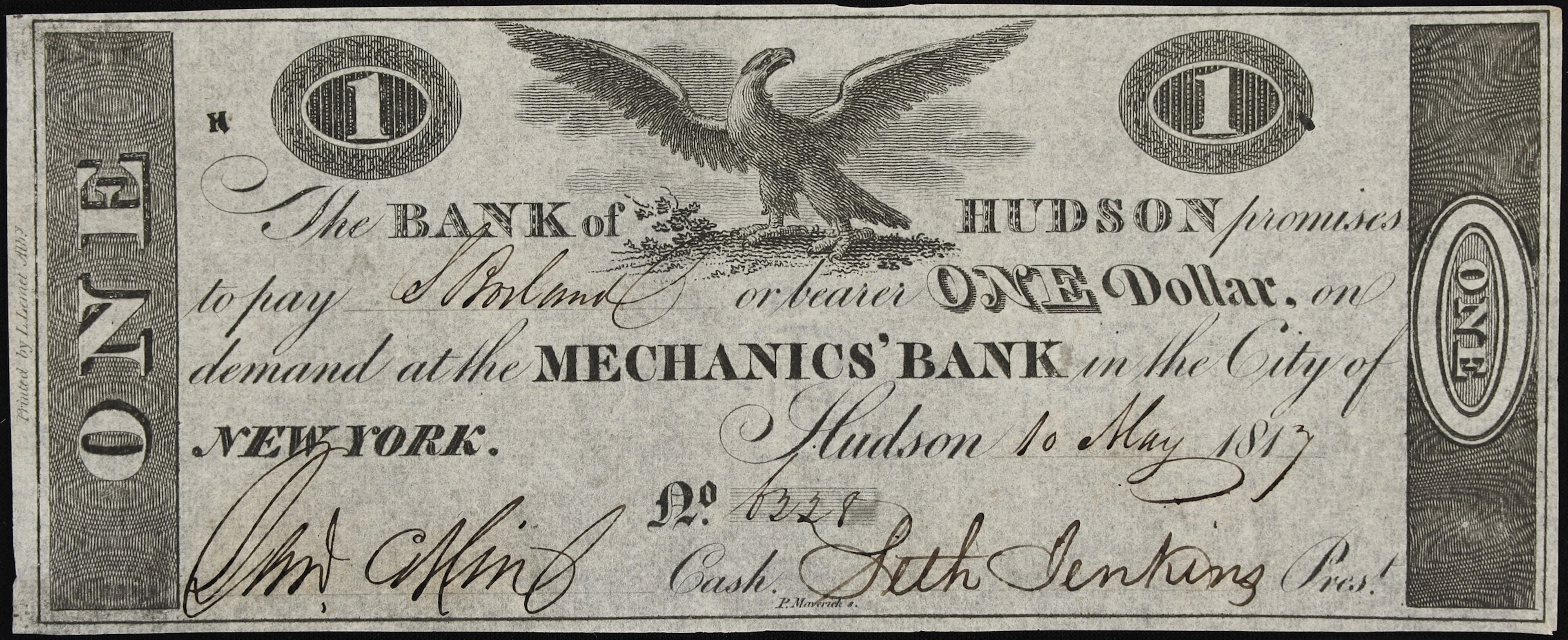 Hudson, New York. Bank of Hudson. 1817 $1. About Uncirculated.