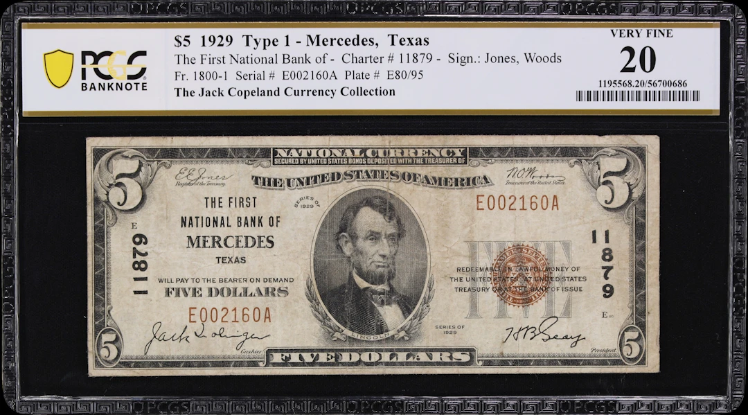Mercedes, Texas. $5 1929 Ty. 1. Fr. 1800-1. First NB. Charter #11879.