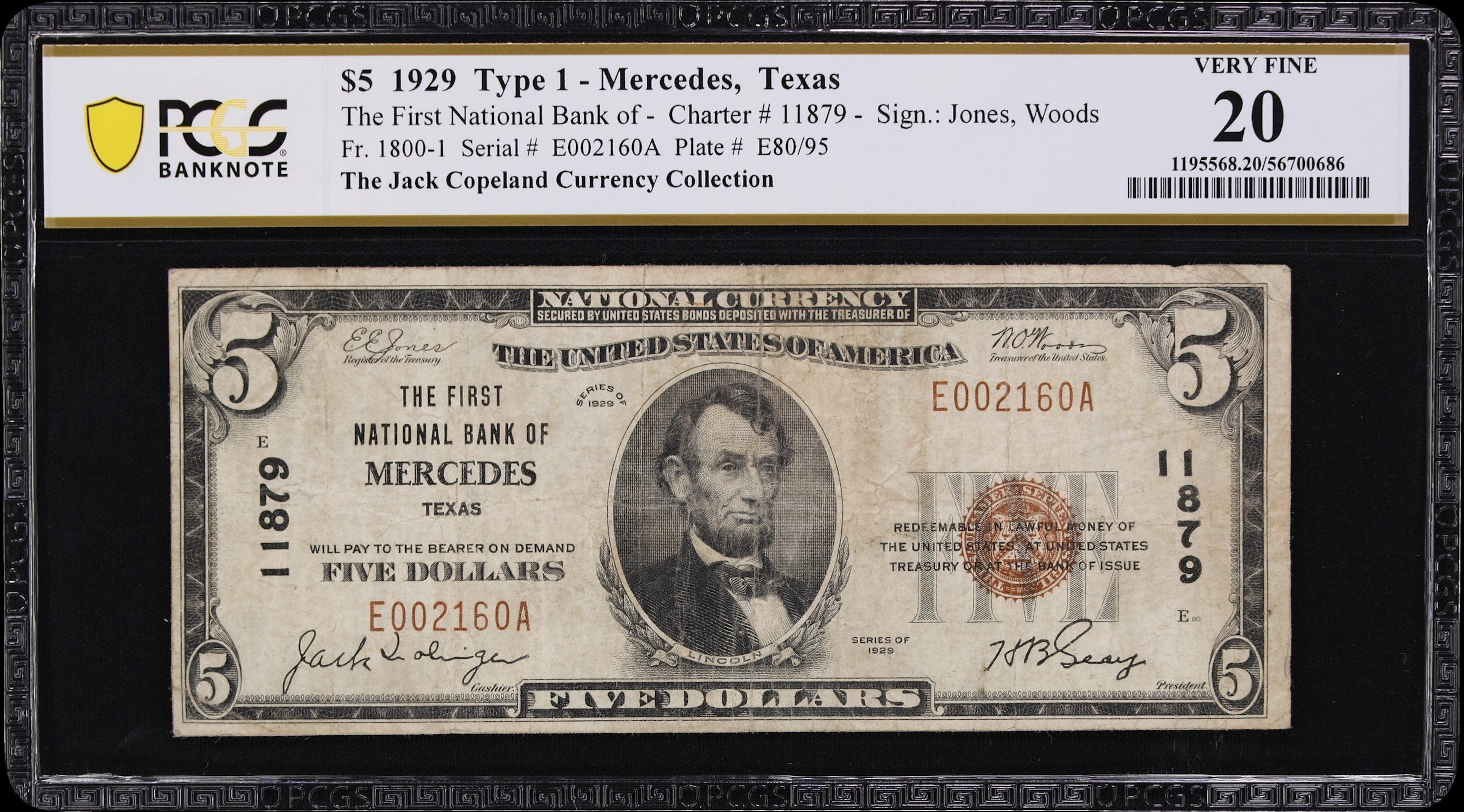 Mercedes, Texas. $5 1929 Ty. 1. Fr. 1800-1. First NB. Charter #11879.