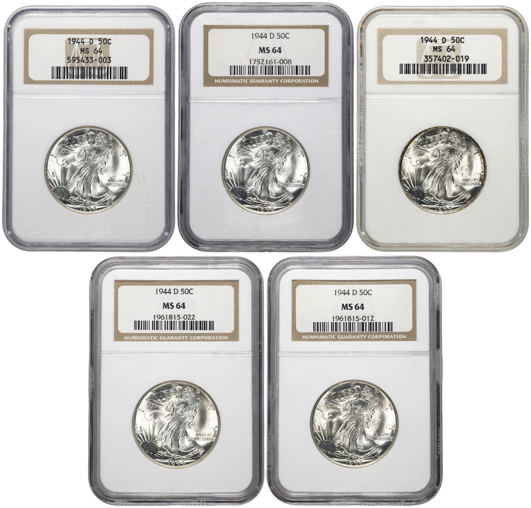 Lot of (5) 1944-D Walking Liberty Half Dollars. MS-64 (NGC).