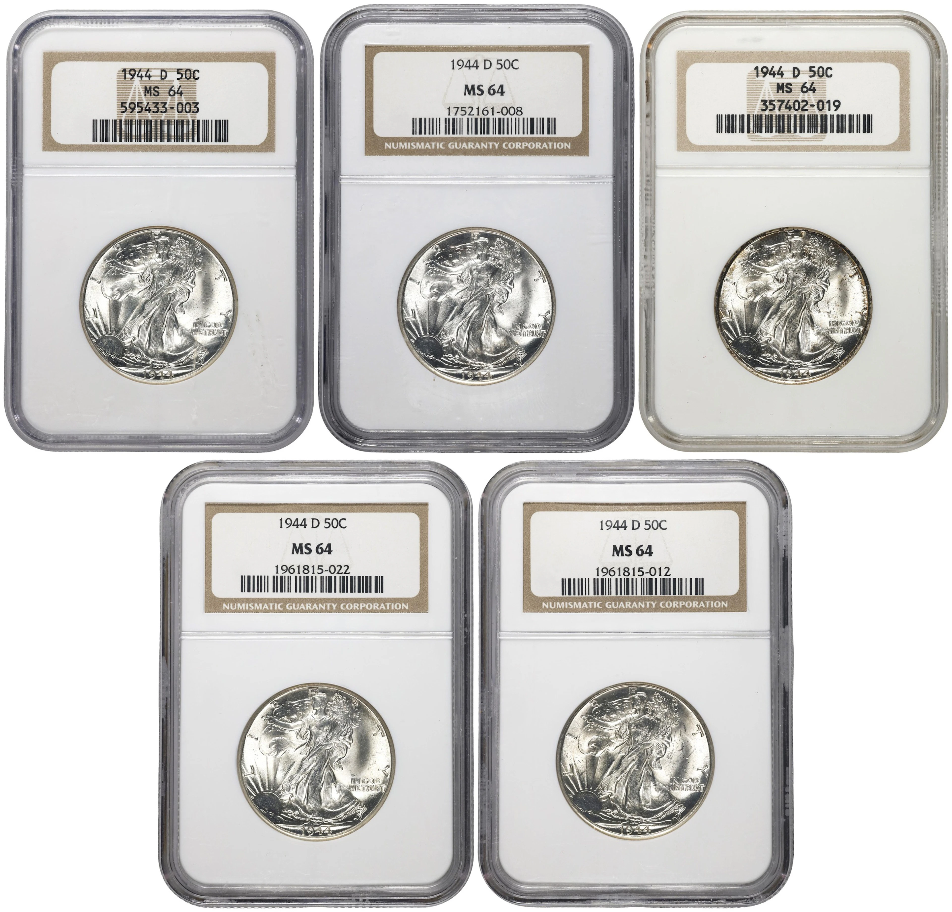 Lot of (5) 1944-D Walking Liberty Half Dollars. MS-64 (NGC).