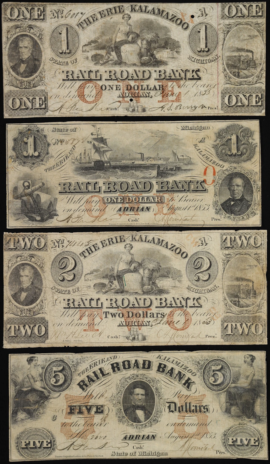 Lot of (4) Adrian, Michigan. Erie & Kalamazoo Rail Road Bank. 1853