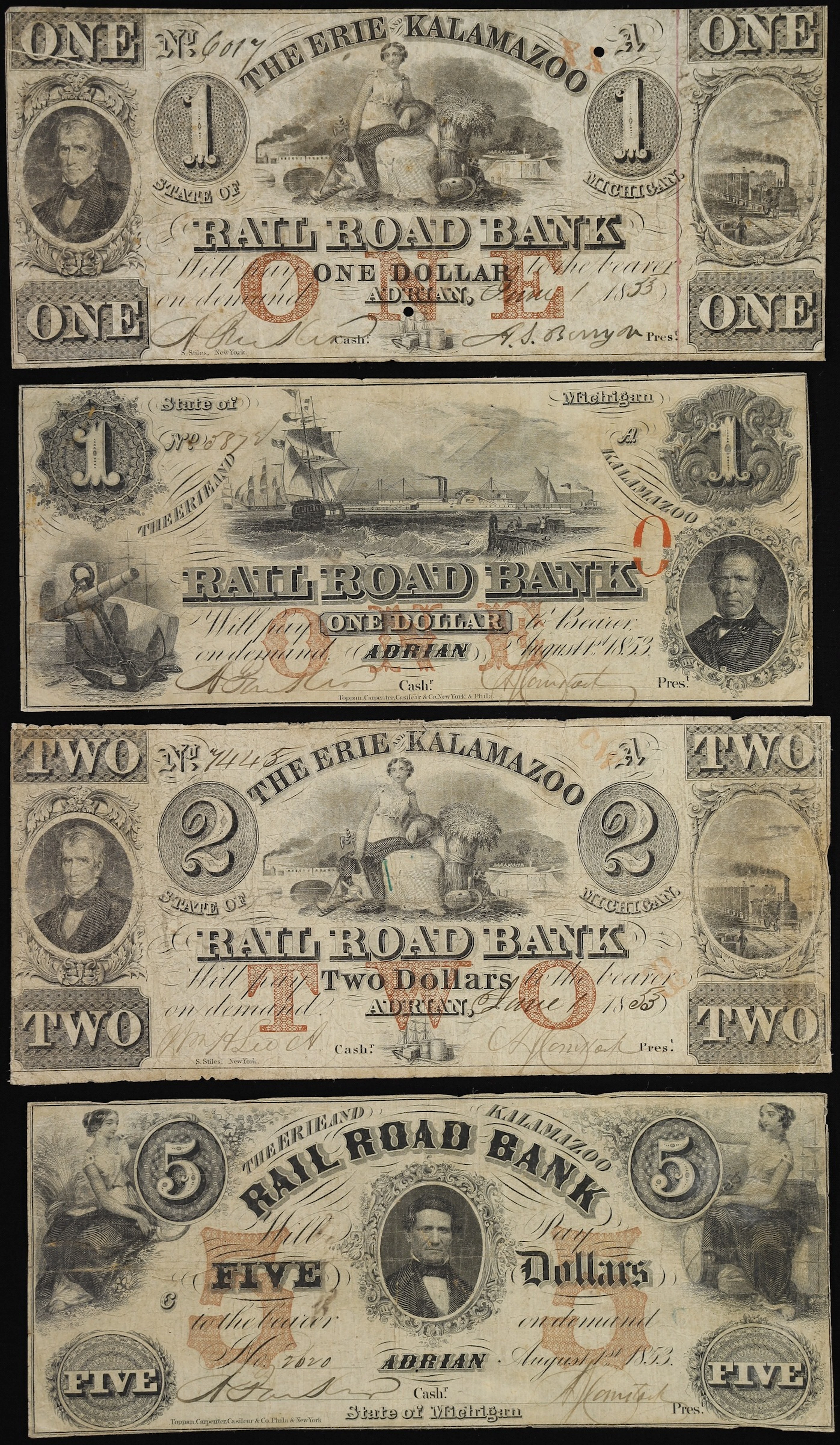 Lot of (4) Adrian, Michigan. Erie & Kalamazoo Rail Road Bank. 1853