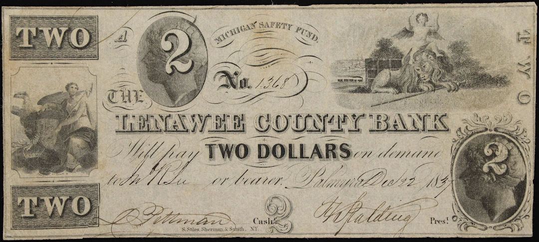Palmyra, Michigan. Lenawee County Bank. 1837 $2. Very Fine.