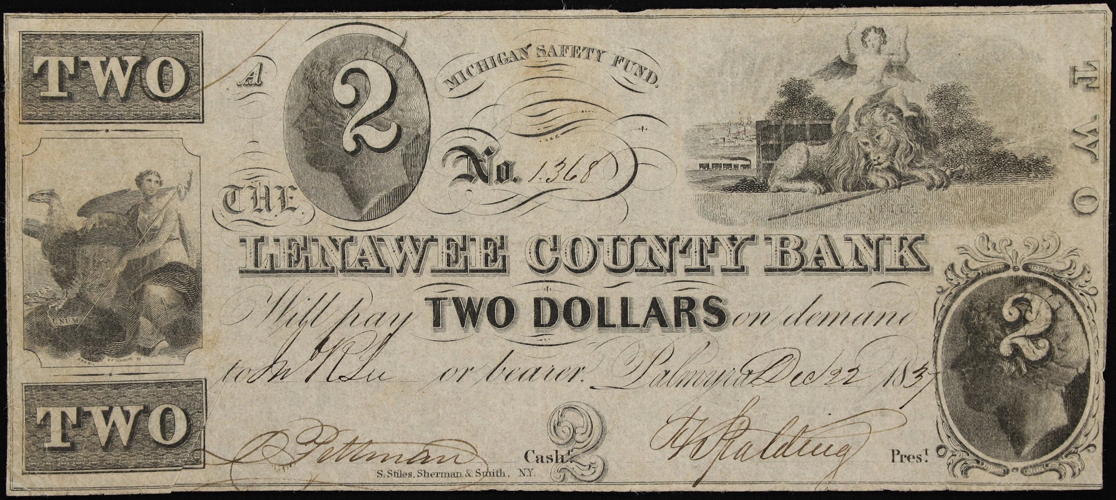 Palmyra, Michigan. Lenawee County Bank. 1837 $2. Very Fine.