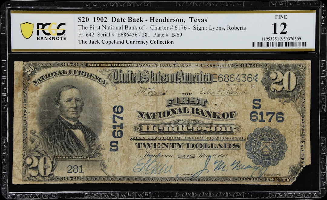 Henderson, Texas. $20 1902 Date Back. Fr. 642. First NB. Charter #6176.