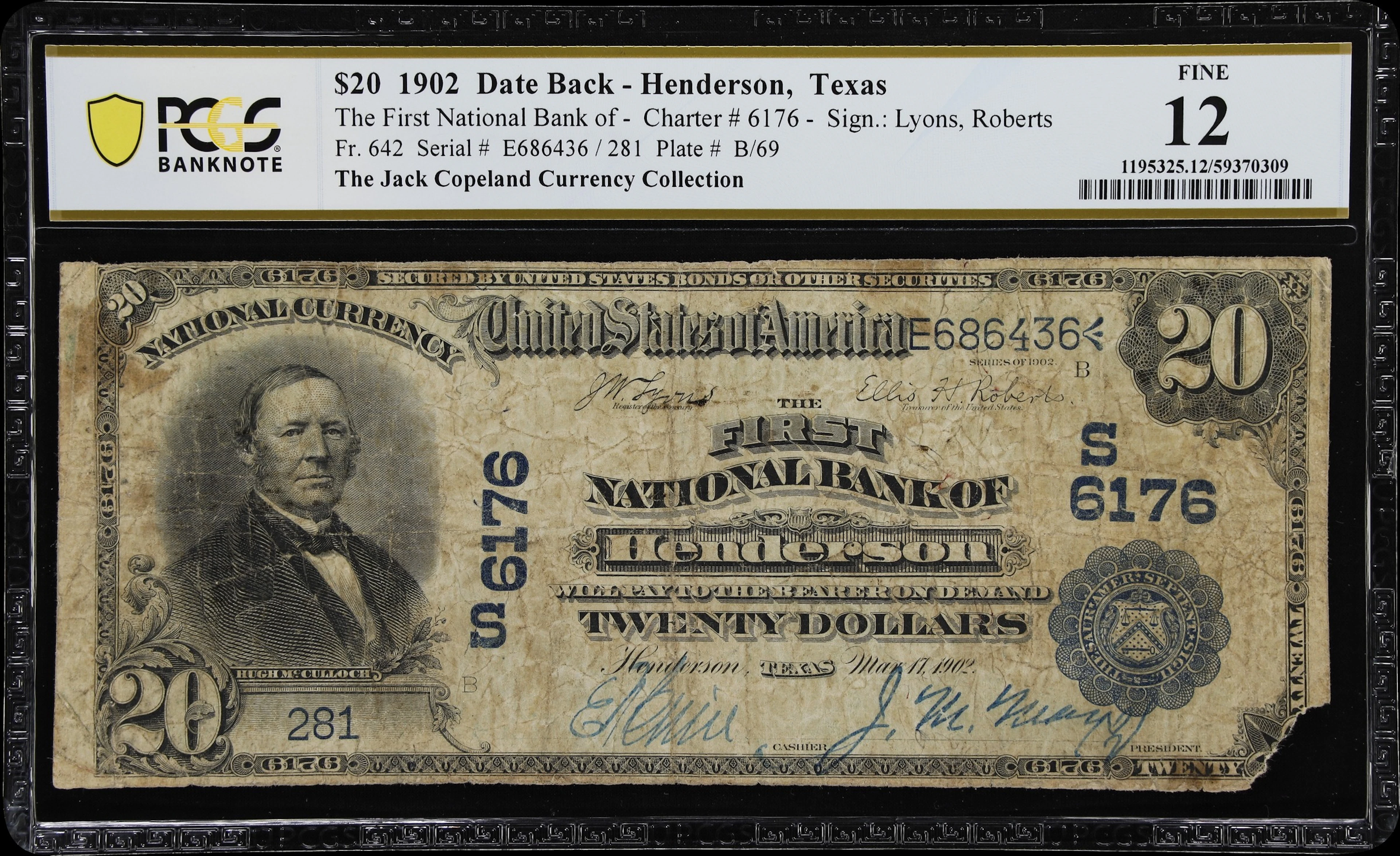 Henderson, Texas. $20 1902 Date Back. Fr. 642. First NB. Charter #6176.