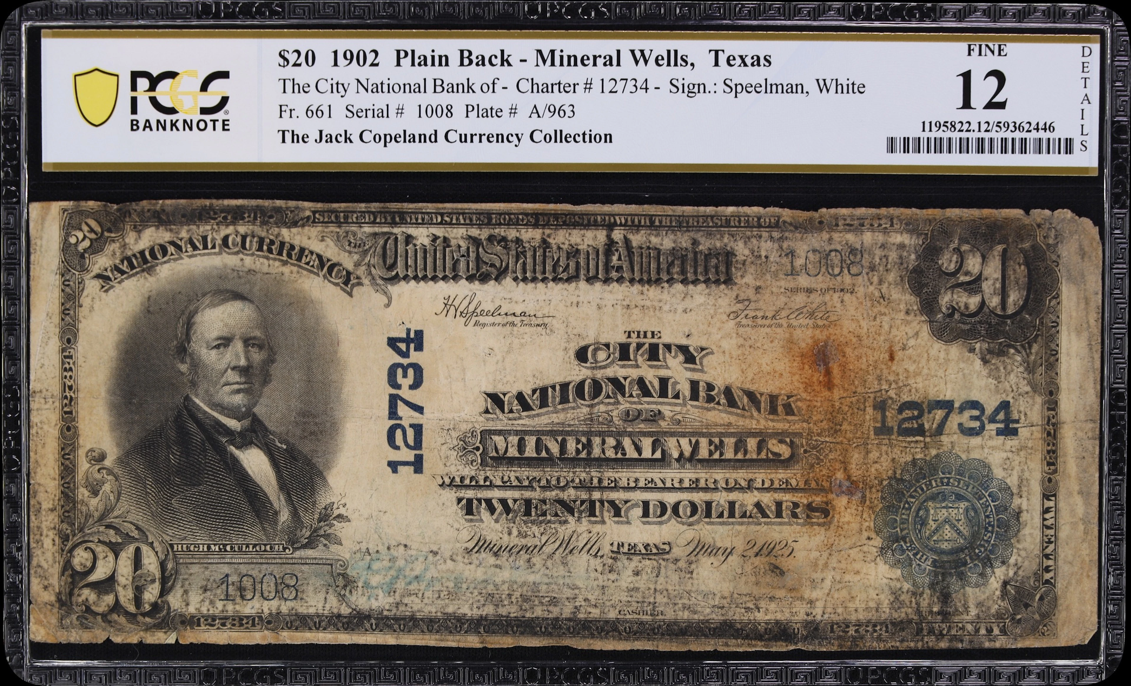 Mineral Wells, Texas. $20 1902 Plain Back. Fr. 661. City NB. Charter