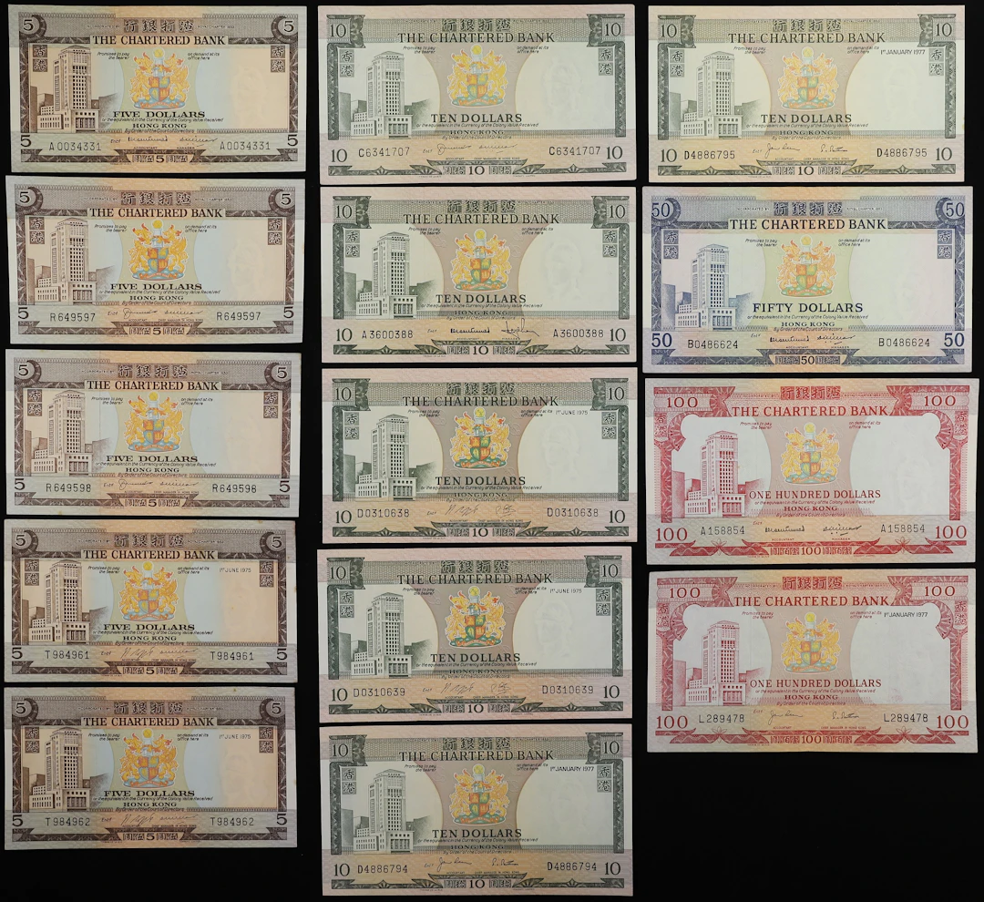 HONG KONG (SAR). Lot of (14). Chartered Bank. 5, 10, 50, & 100 Dollars
