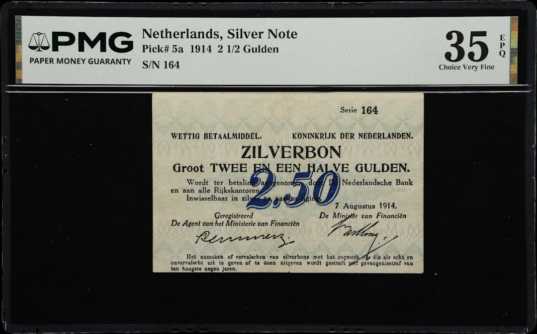 (◊) NETHERLANDS. Ministerie van Financien. 2 1/2 Gulden, 7.8.1914.