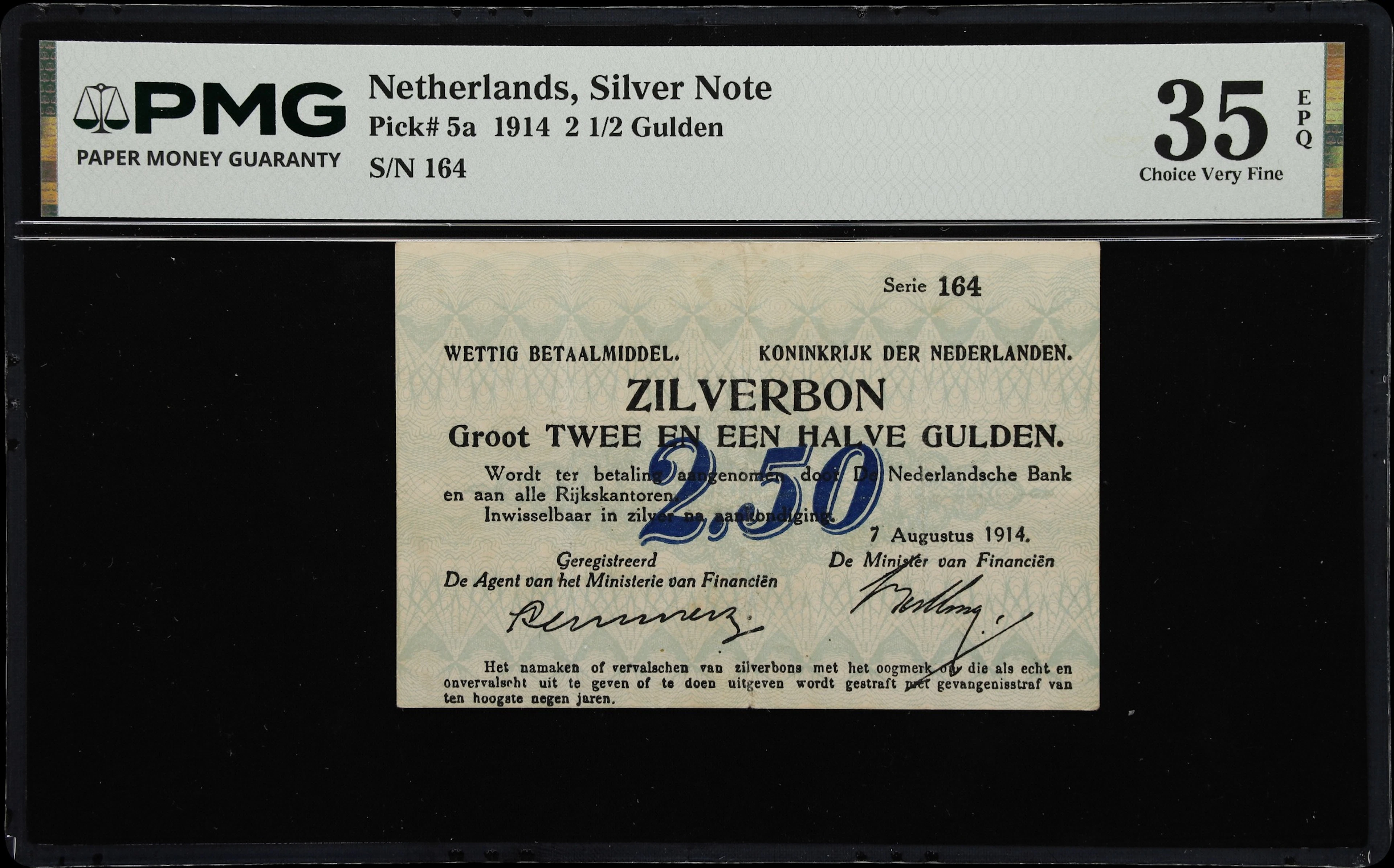 (◊) NETHERLANDS. Ministerie van Financien. 2 1/2 Gulden, 7.8.1914.