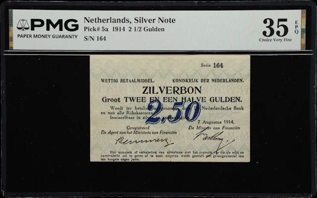 (◊) NETHERLANDS. Ministerie van Financien. 2 1/2 Gulden, 7.8.1914.