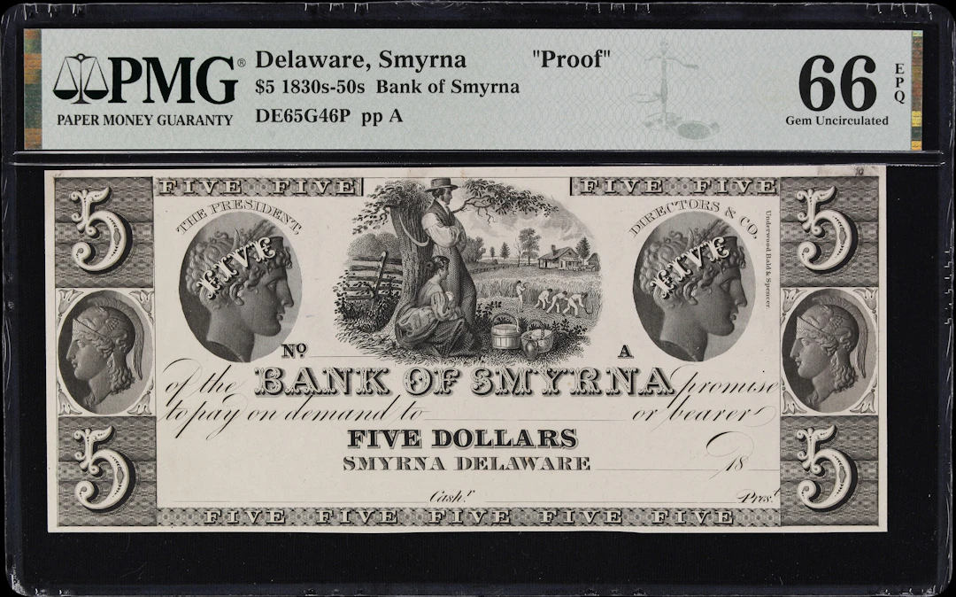 Smyrna, Delaware. Bank of Smyrna. 18xx $5. PMG Gem Uncirculated 66 EPQ. Proof.