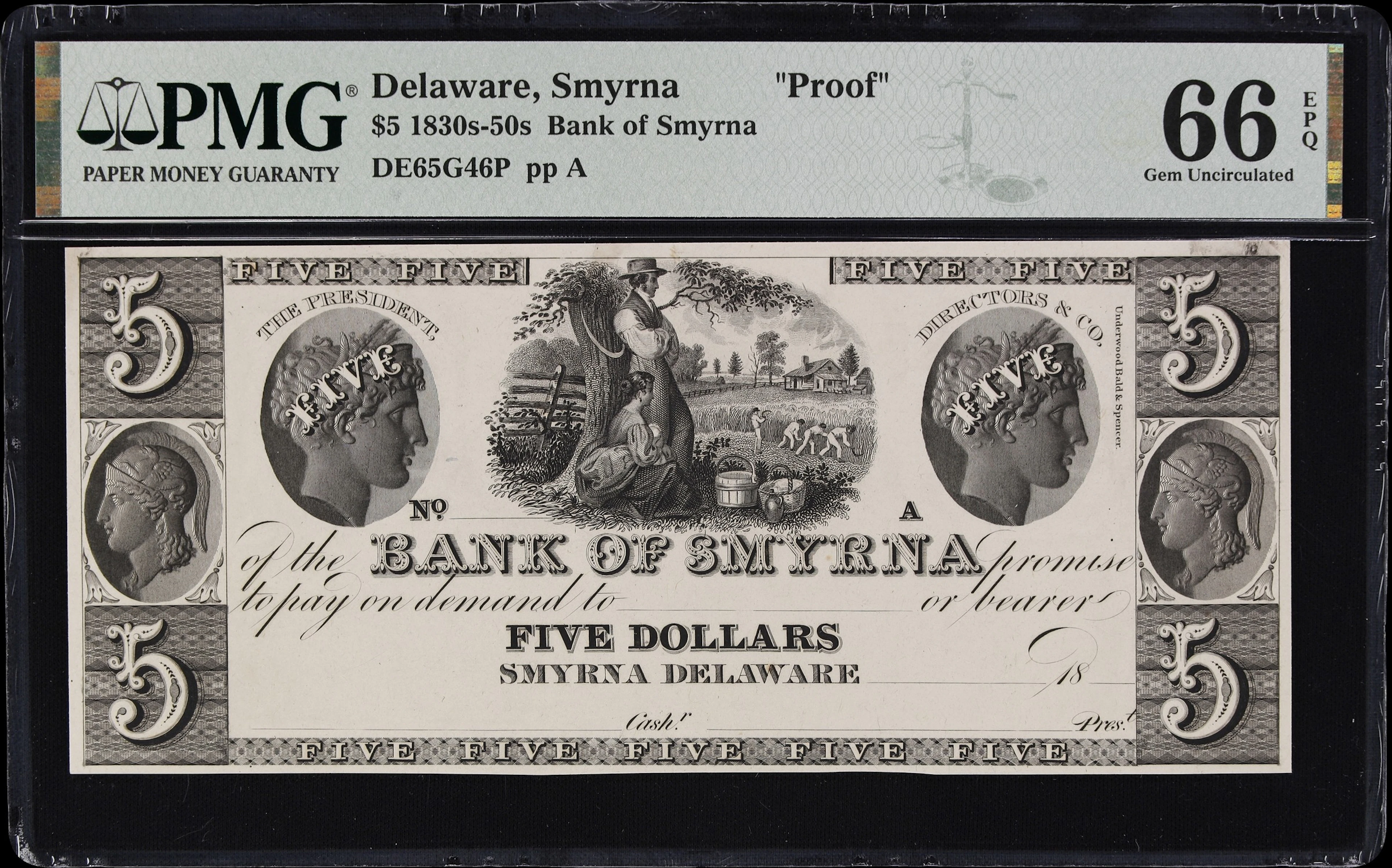 Smyrna, Delaware. Bank of Smyrna. 18xx $5. PMG Gem Uncirculated 66 EPQ. Proof.