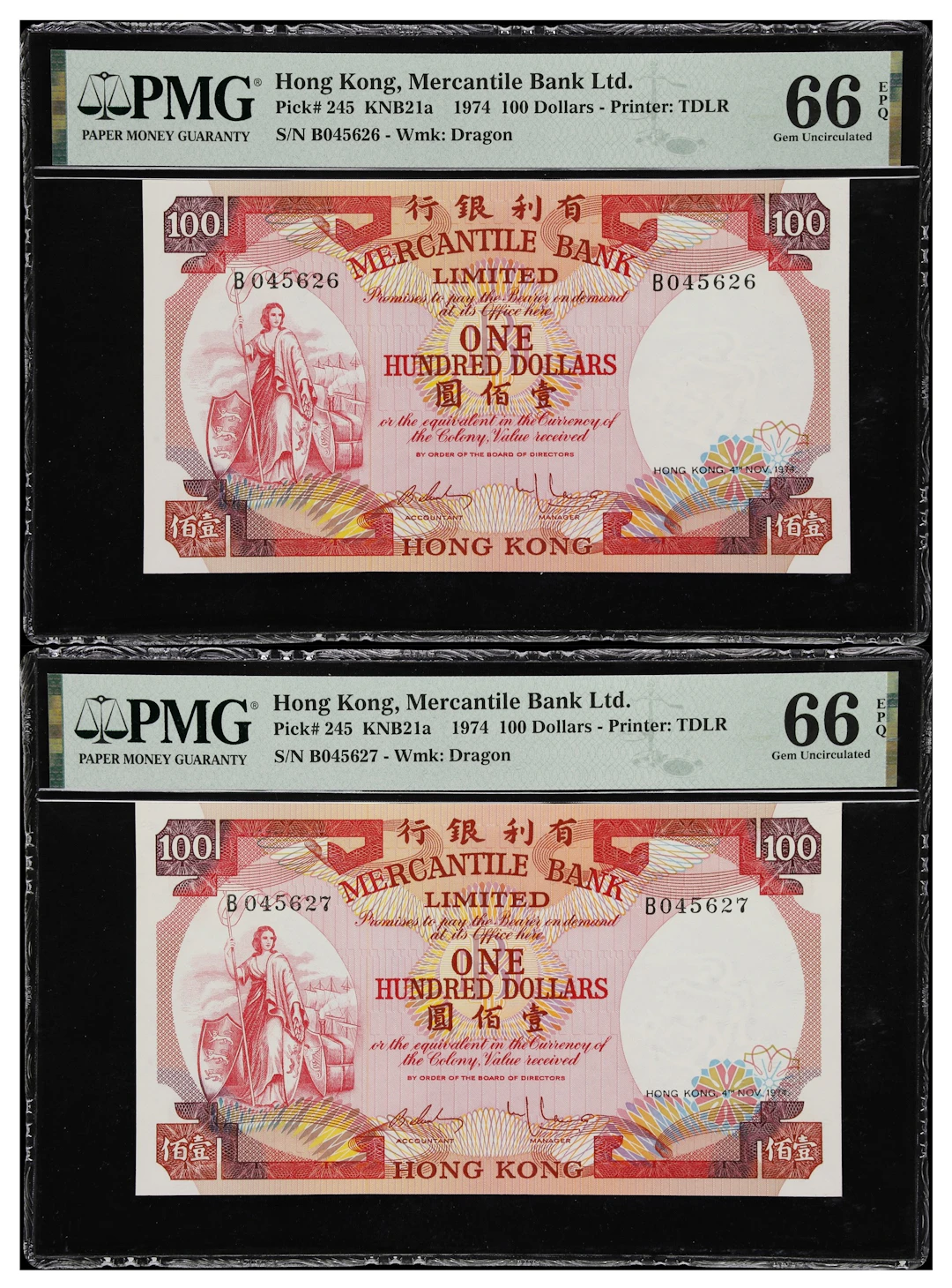 HONG KONG (SAR). Lot of (2). Mercantile Bank Limited. 100 Dollars
