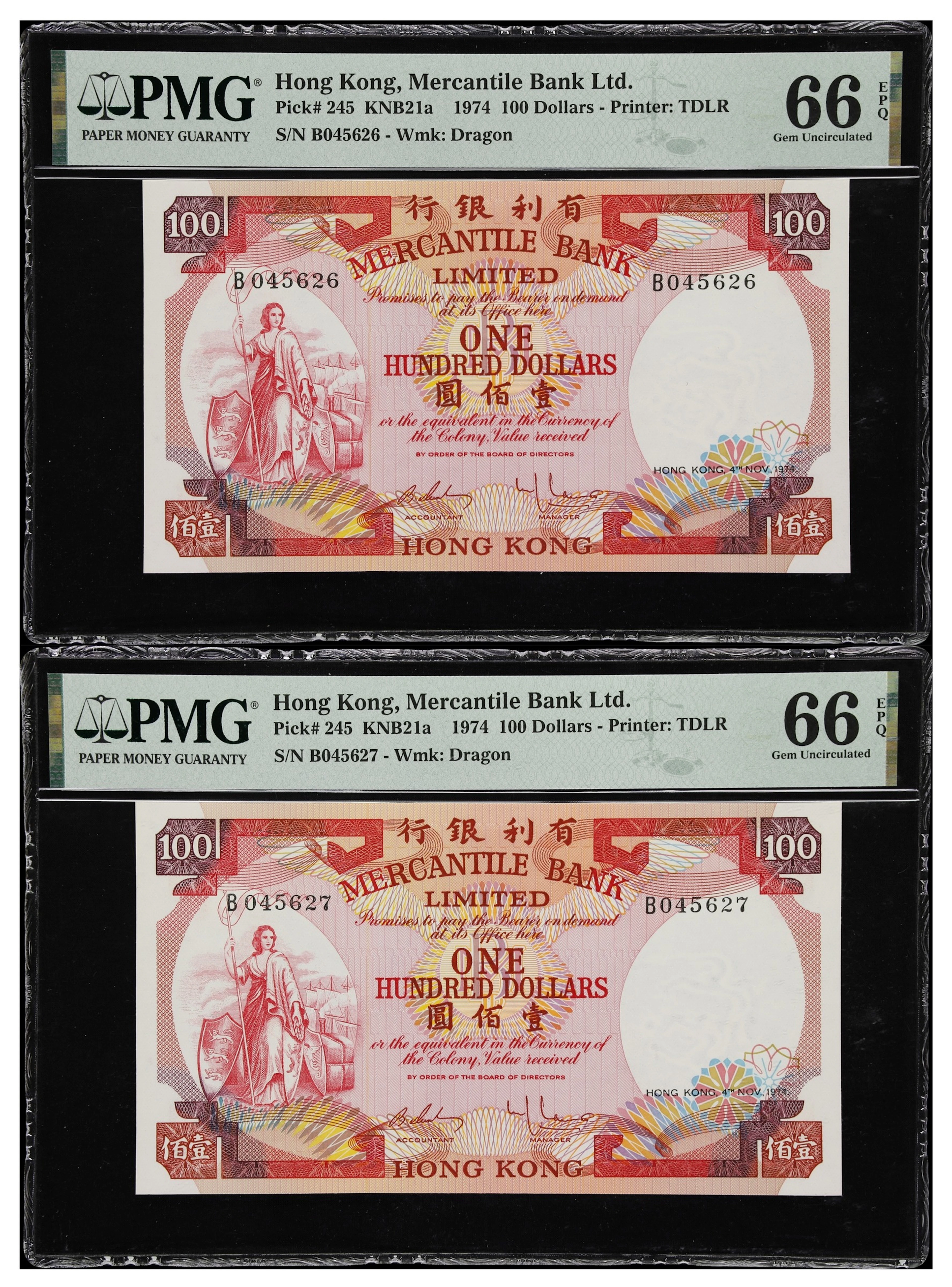HONG KONG (SAR). Lot of (2). Mercantile Bank Limited. 100 Dollars