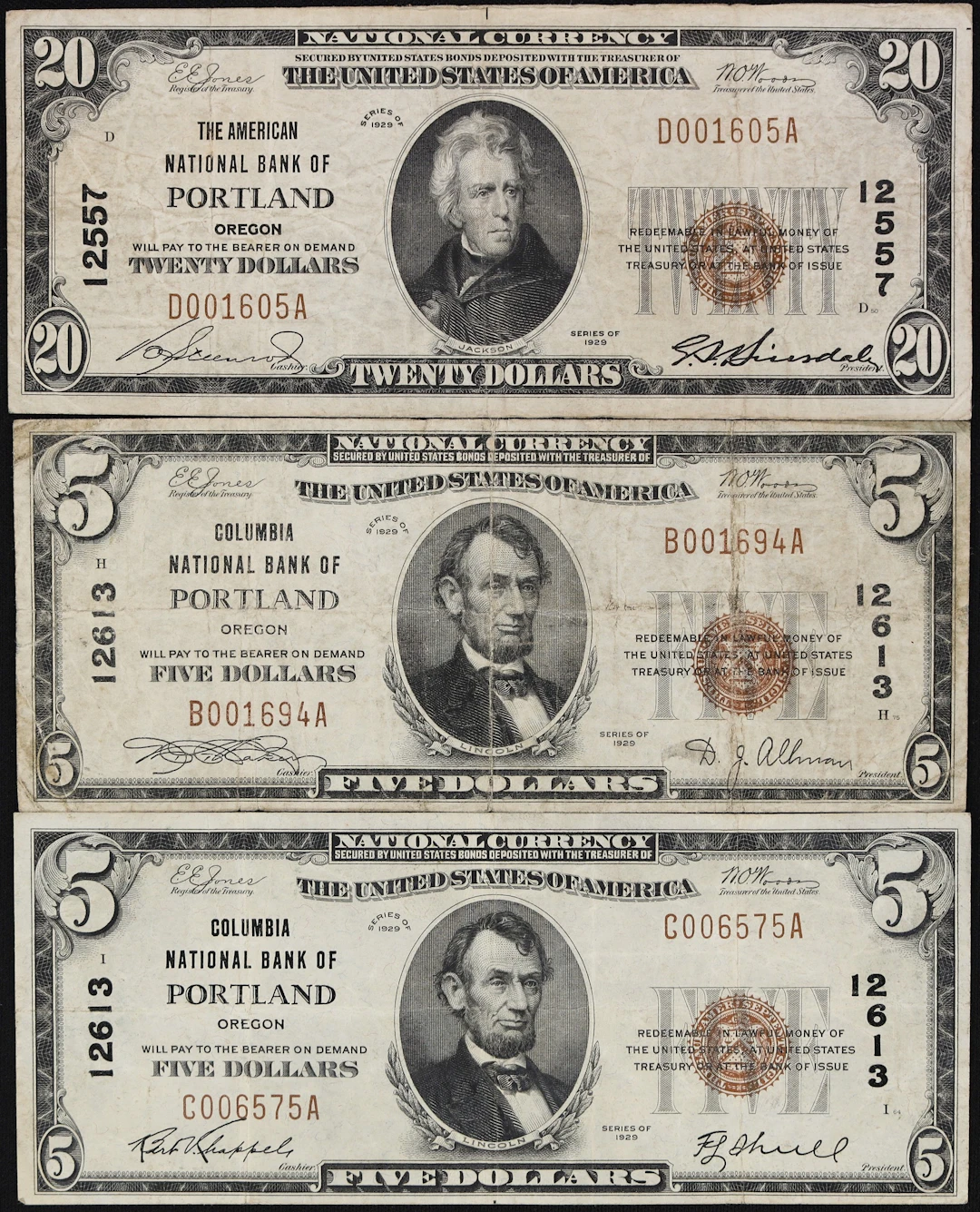 Lot of (3) Portland, Oregon. $5 & $20 1929 Ty. 1. Fr. 1800-1 & 1802-1.