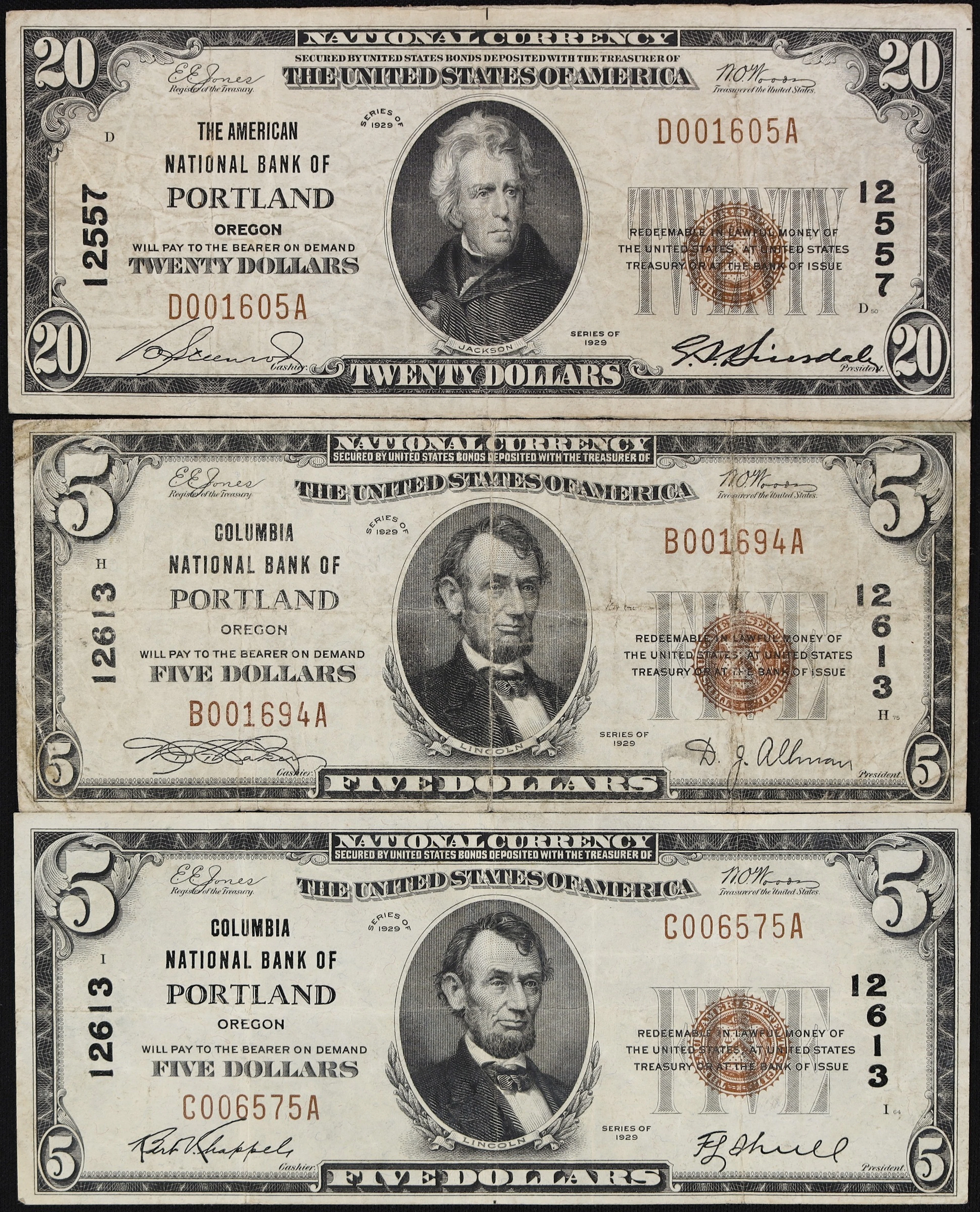 Lot of (3) Portland, Oregon. $5 & $20 1929 Ty. 1. Fr. 1800-1 & 1802-1.