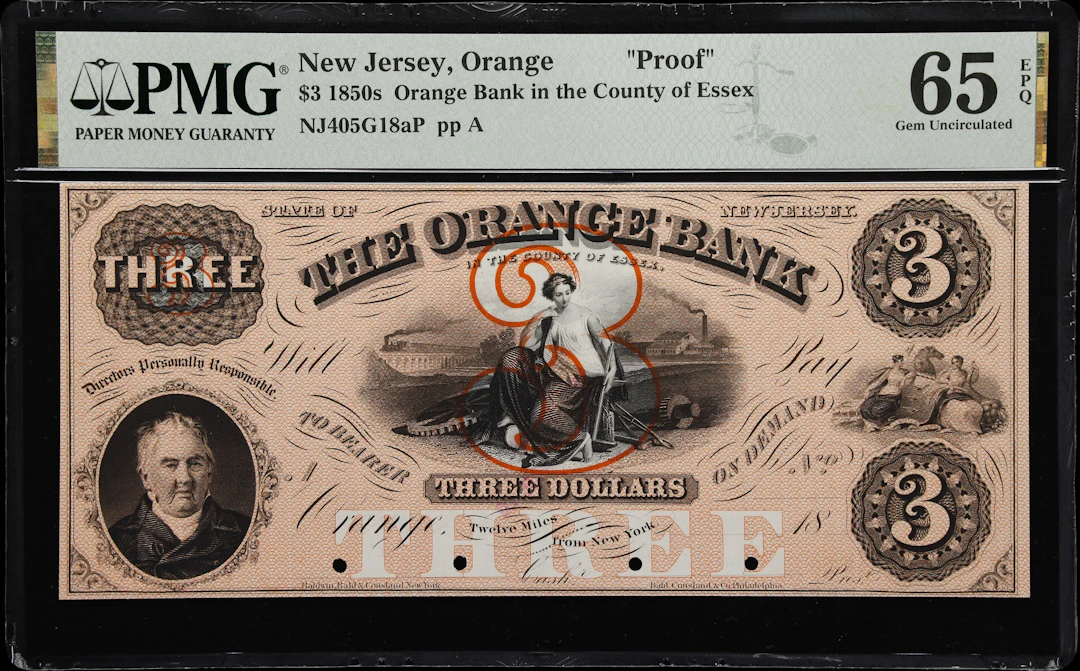 Orange, New Jersey. Orange Bank in the County of Essex. 18xx $3. PMG