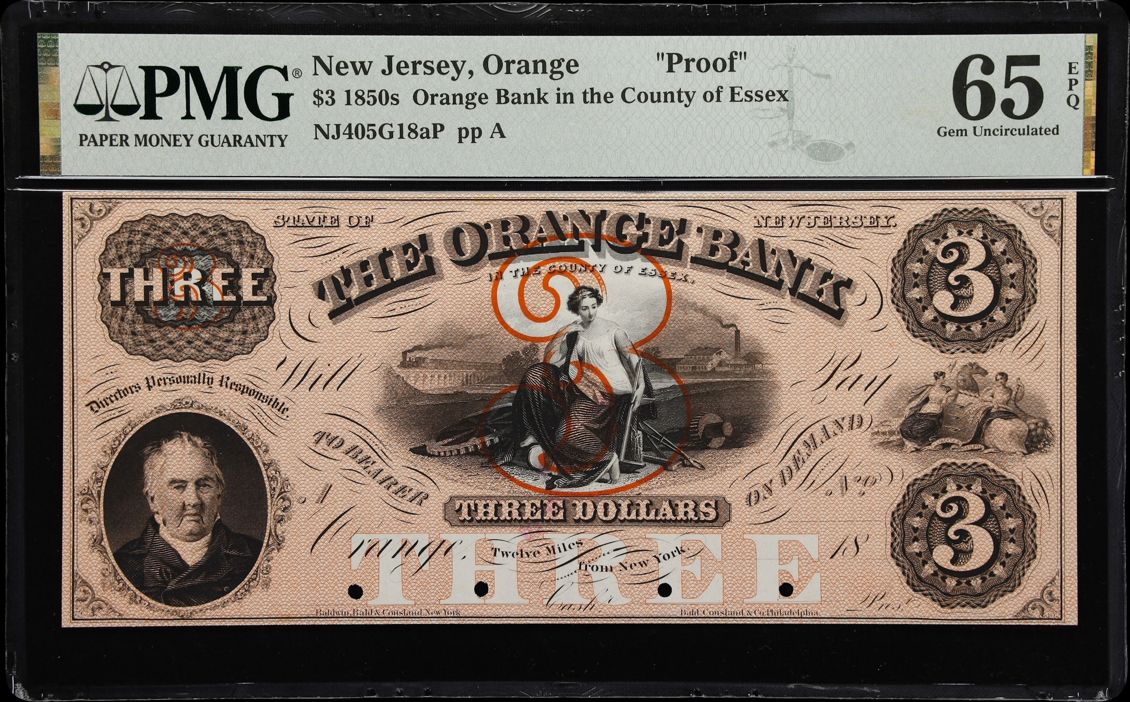 Orange, New Jersey. Orange Bank in the County of Essex. 18xx $3. PMG