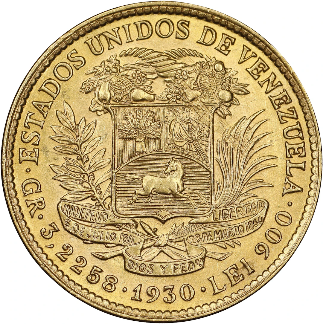 (0.093 oz, 2.893 g AGW). Venezuela. 1930 Gold 10 Bolivares.