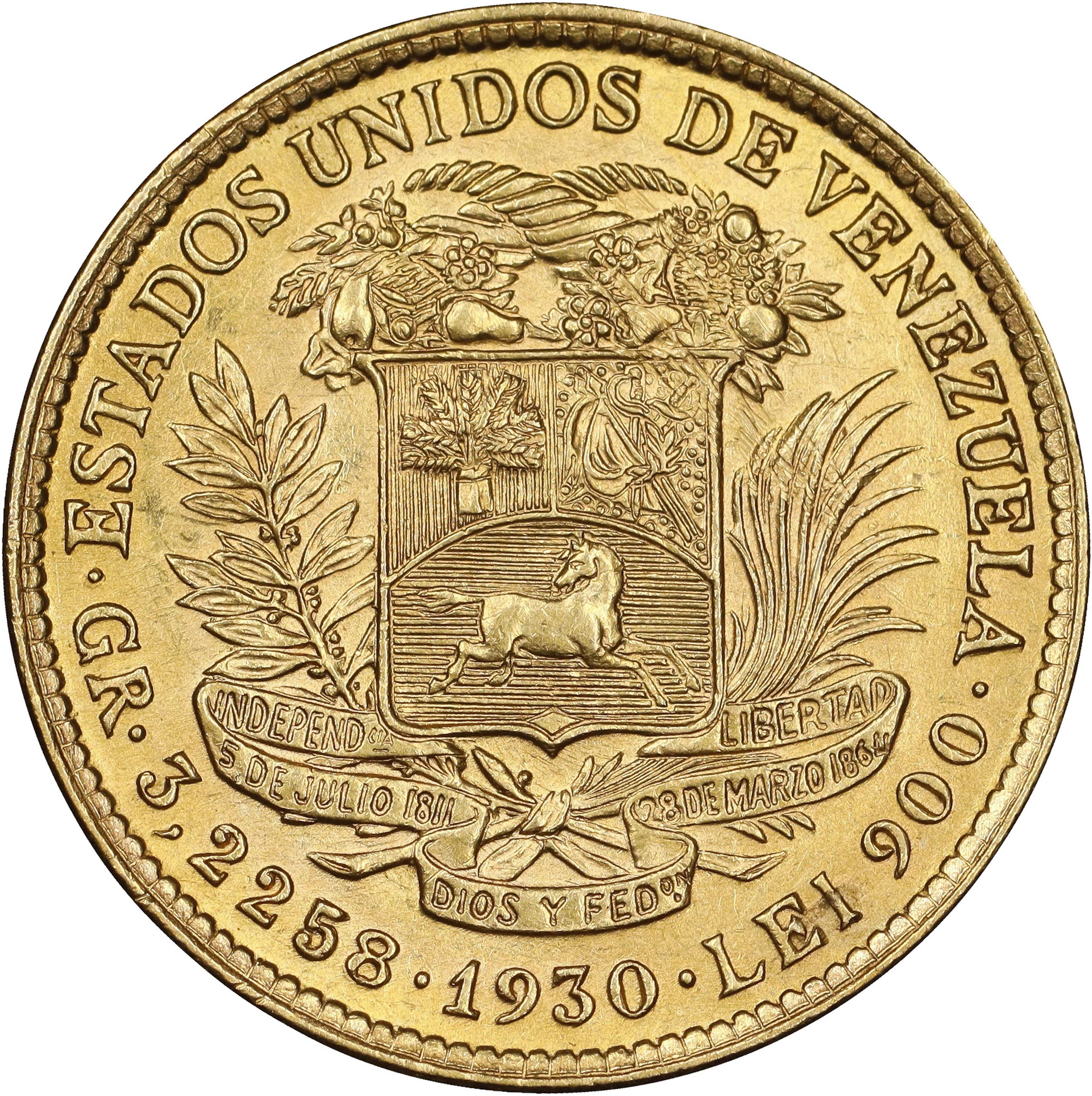 (0.093 oz, 2.893 g AGW). Venezuela. 1930 Gold 10 Bolivares.