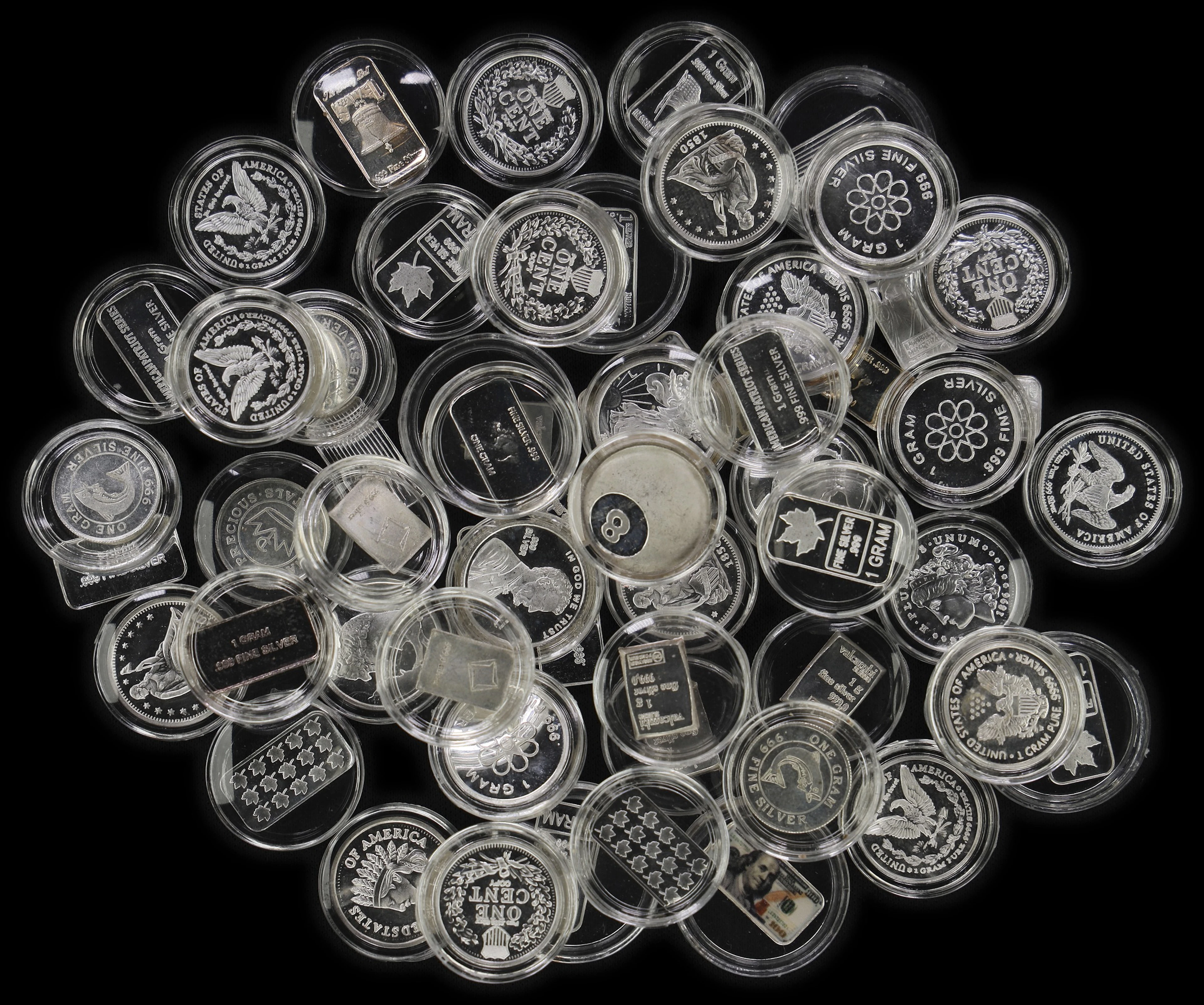(1.897 oz, 59 g ASW). Lot of (59) Assorted Design 1 gram Silver Bars