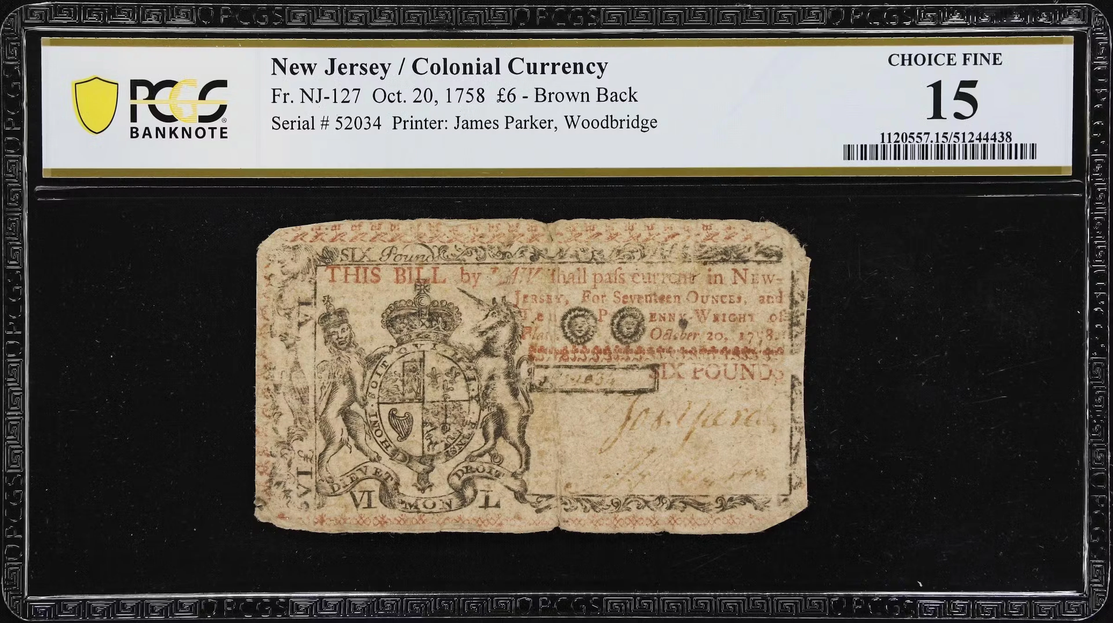 NJ-127. New Jersey. October 20, 1758. 6 Pounds. PCGS Banknote Choice Fine 15.