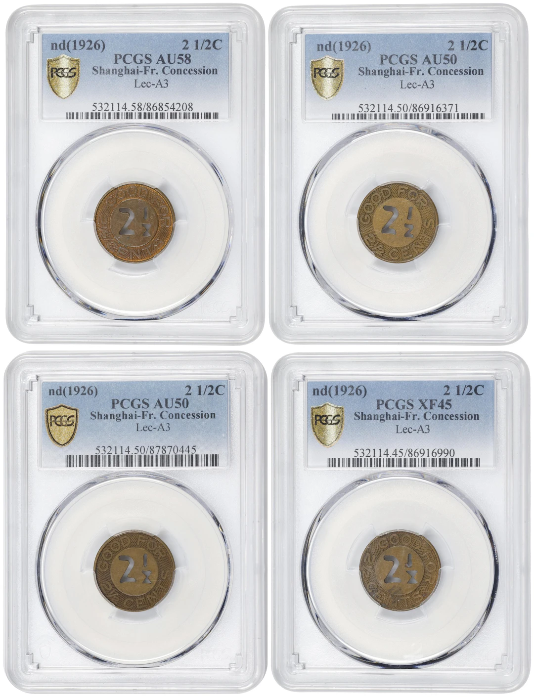 (t) CHINA. Shanghai. Quartet of Brass 2-1/2 Cents Token (4 Pieces)