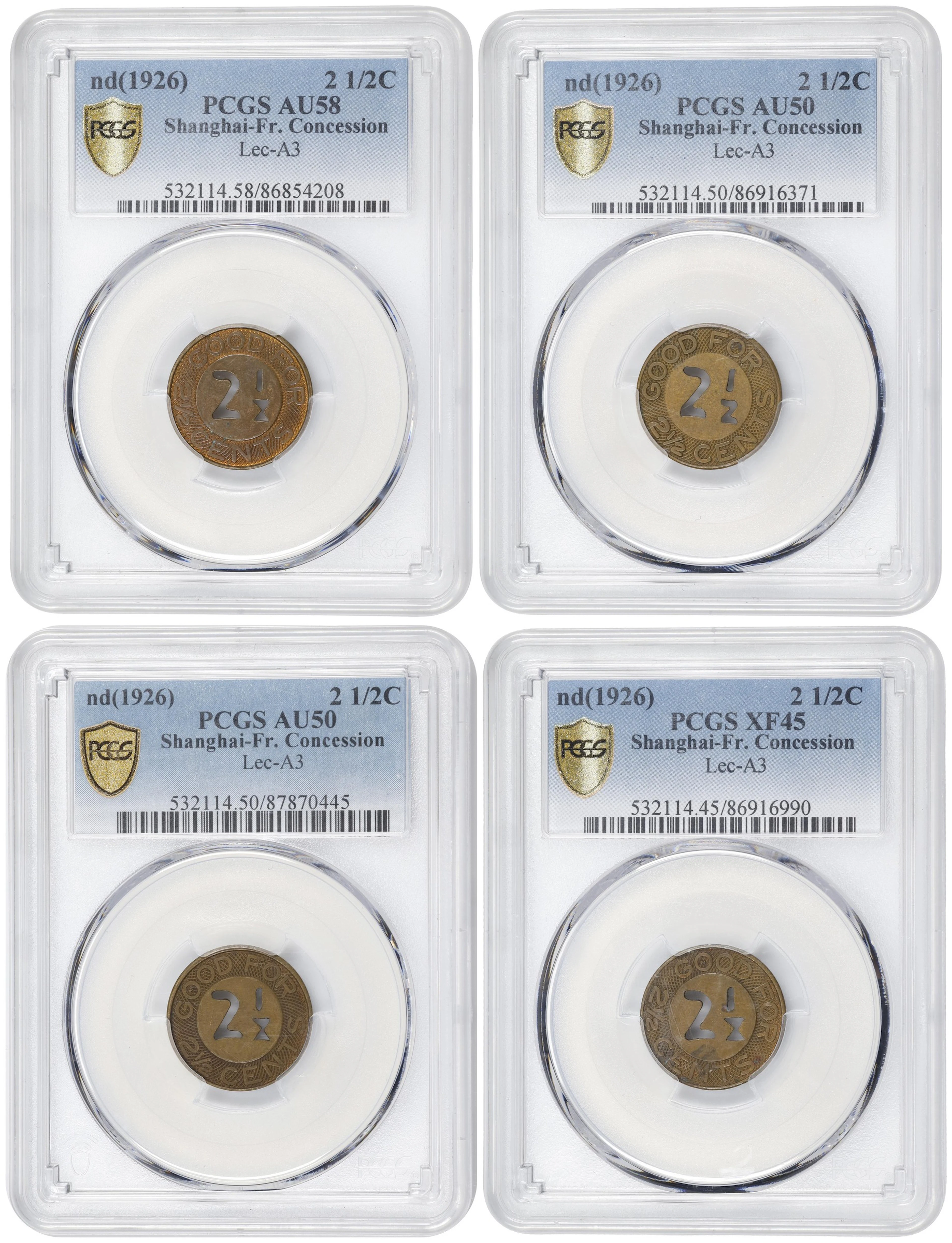 (t) CHINA. Shanghai. Quartet of Brass 2-1/2 Cents Token (4 Pieces)
