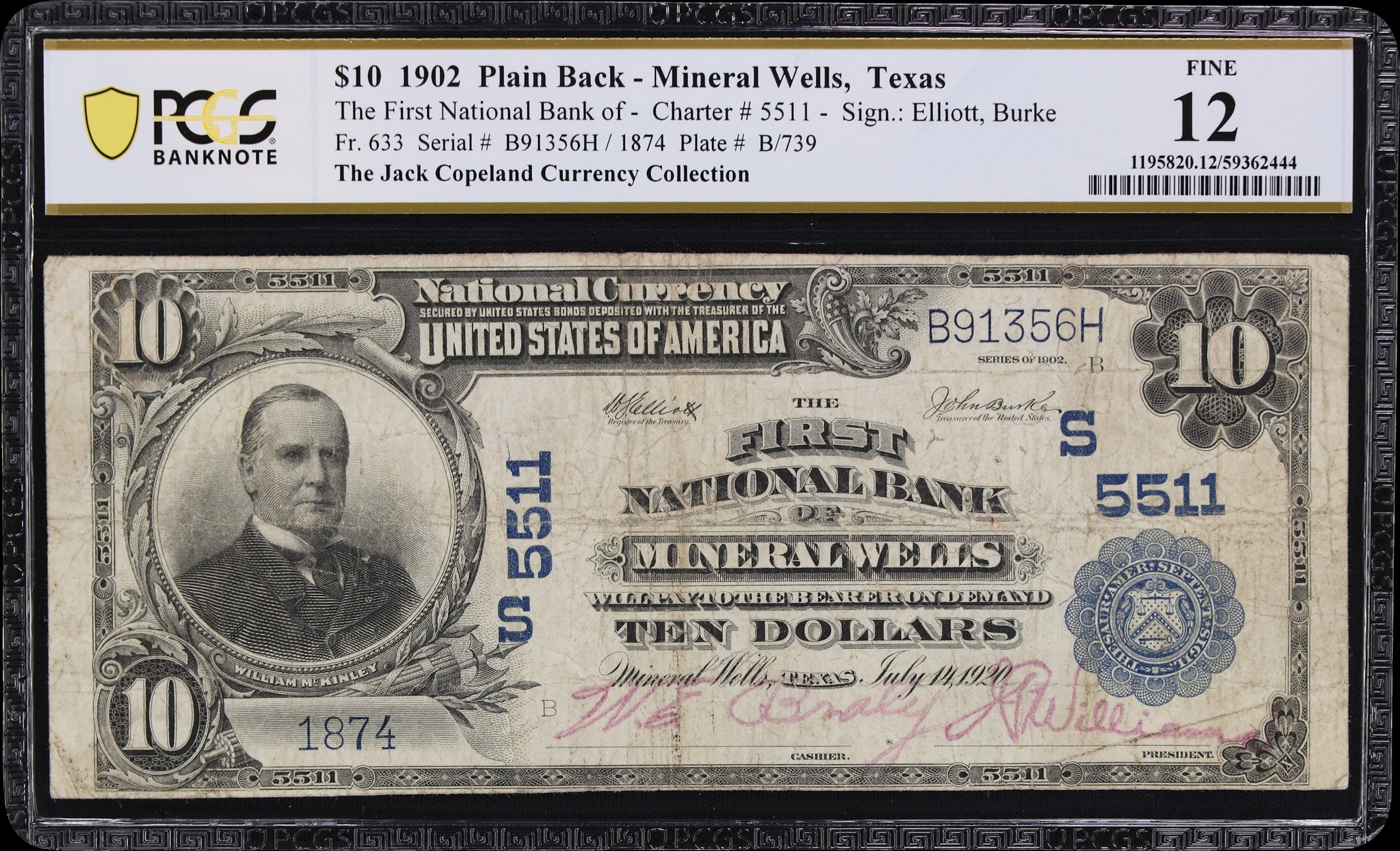 Mineral Wells, Texas. $10 1902 Plain Back. Fr. 633. First NB. Charter
