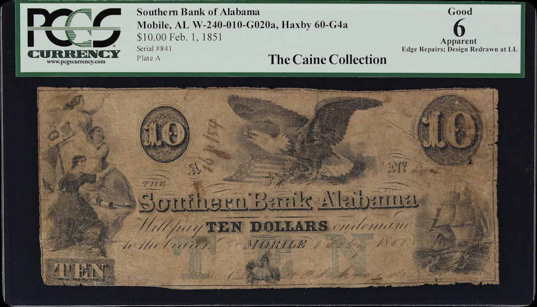 Mobile, Alabama. Southern Bank of Alabama. 1851 $10. PCGS Currency