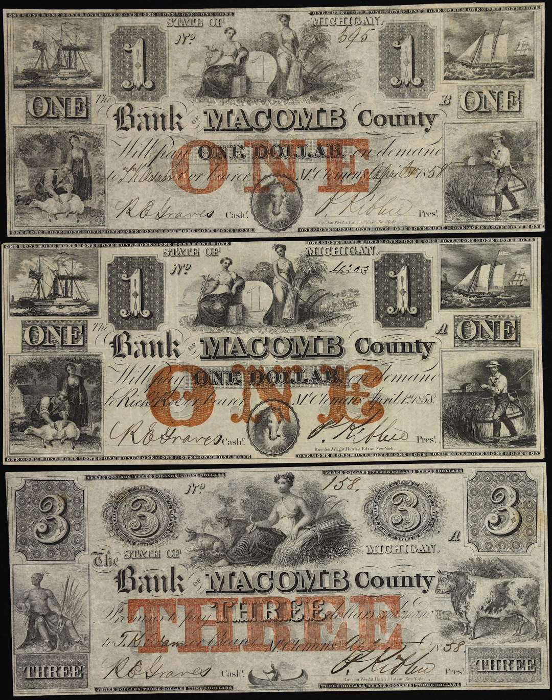 Lot of (3) Mount Clemens, Michigan. Bank of Macomb County. 1858 $1
