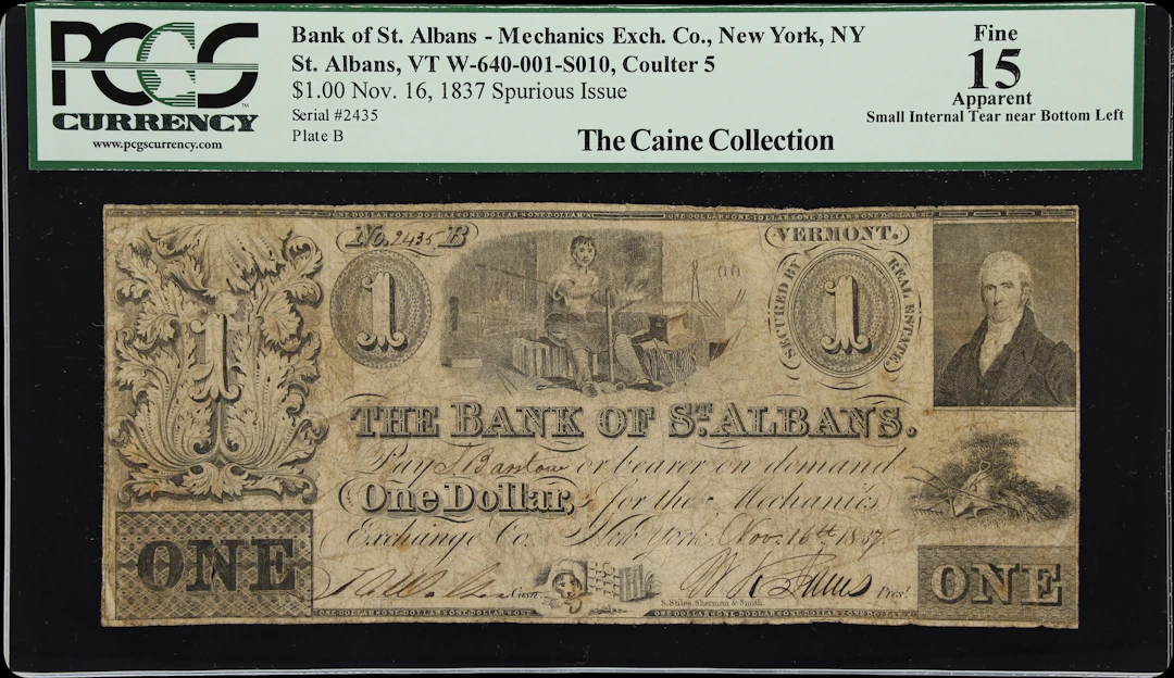 St. Albans, Vermont. Bank of St. Albans. 1837 $1. PCGS Currency Fine